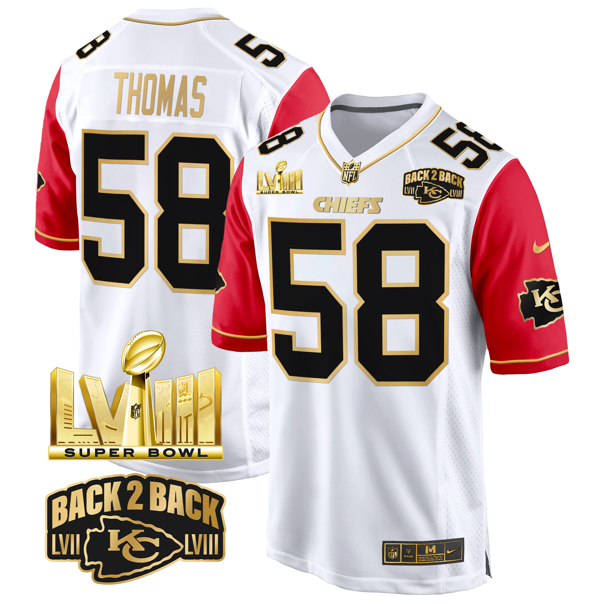 Men's Derrick Thomas Kansas City Chiefs Super Bowl LVIII & Back 2 Back Gold Game Color Sleeves Jersey - All Stitched