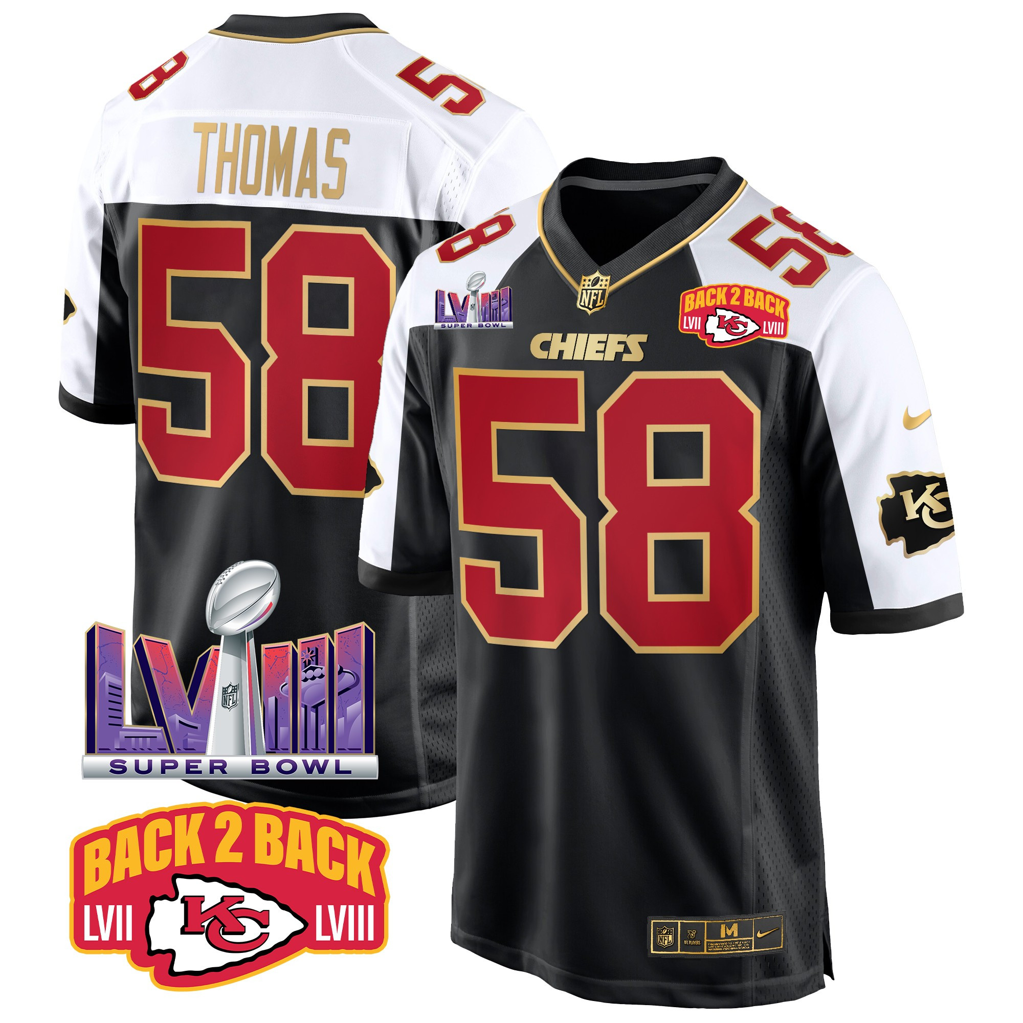 Men's Derrick Thomas Kansas City Chiefs Super Bowl LVIII & Back 2 Back Patch Game Black Alternate Jersey - All Stitched