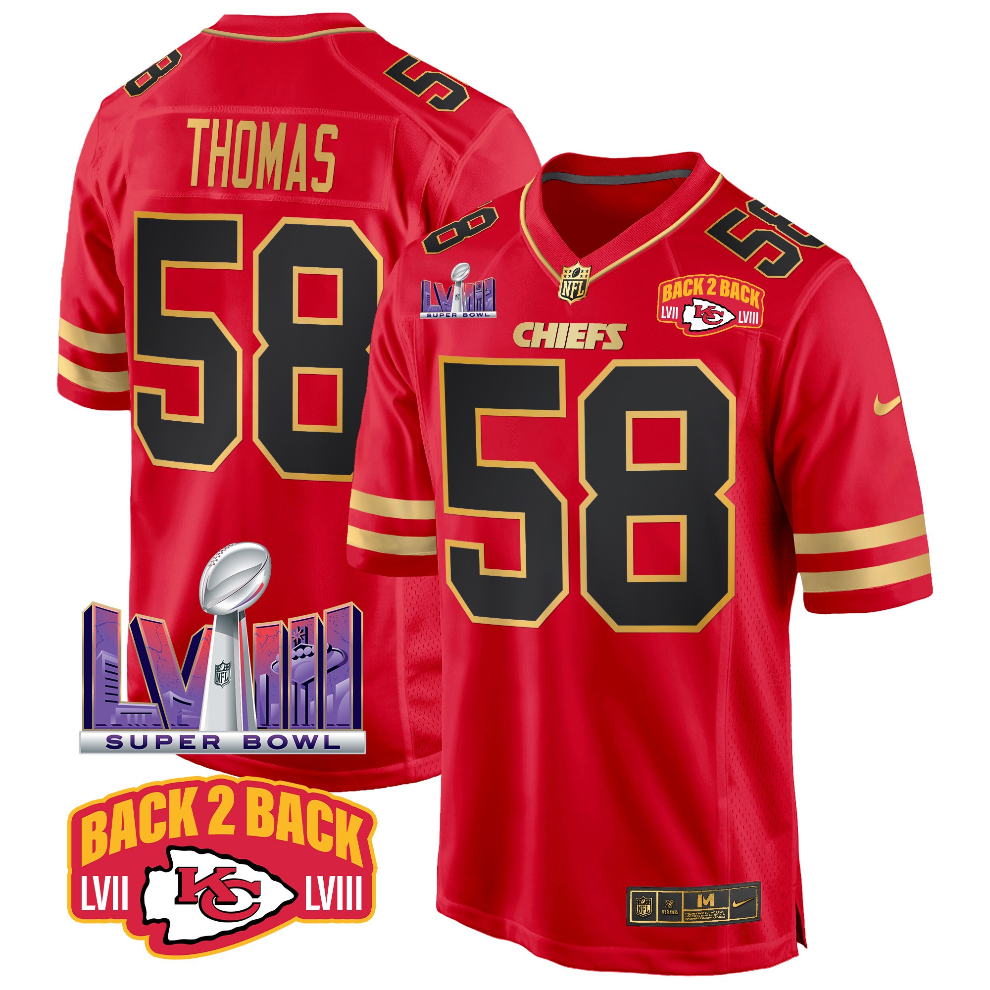 Men's Derrick Thomas Kansas City Chiefs Super Bowl LVIII & Back 2 Back Patch Game Black Red Jersey - All Stitched