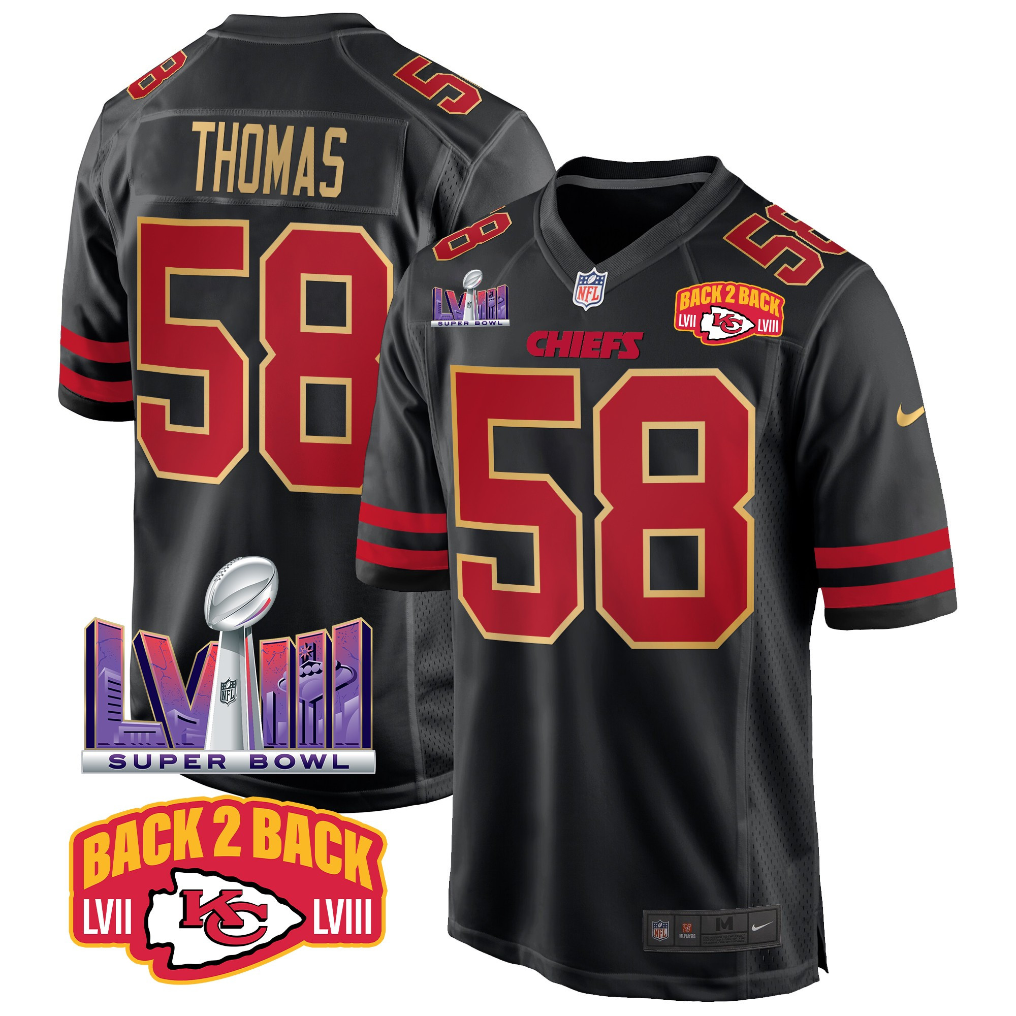 Men's Derrick Thomas Kansas City Chiefs Super Bowl LVIII & Back 2 Back Patch Game Gold Trim Jersey - All Stitched