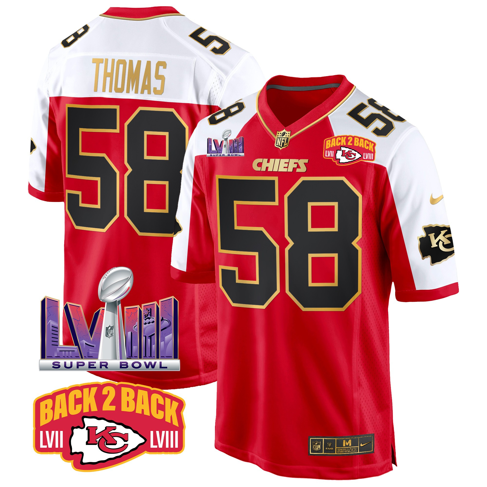 Men's Derrick Thomas Kansas City Chiefs Super Bowl LVIII & Back 2 Back Patch Game Red Alternate Jersey - All Stitched