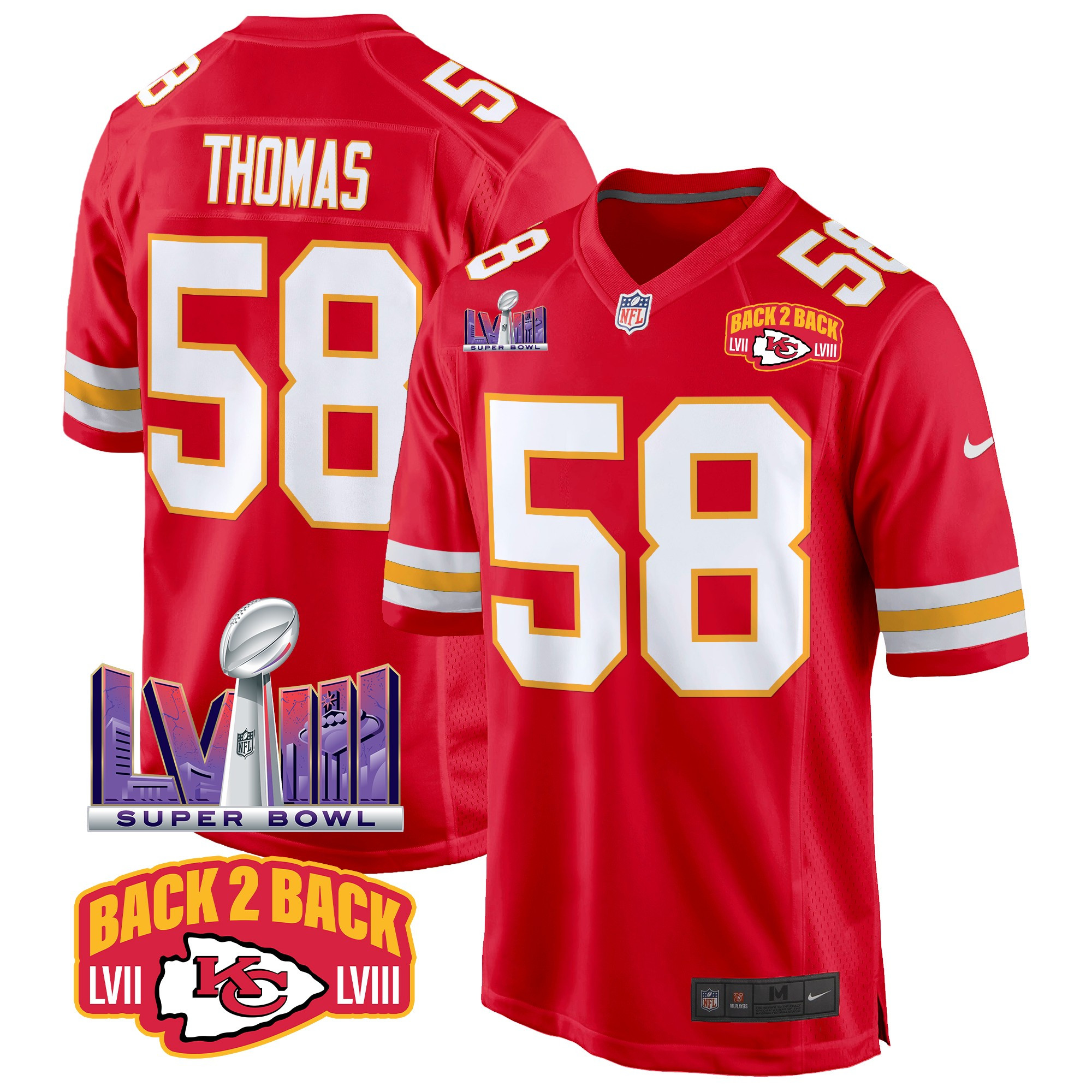 Men's Derrick Thomas Kansas City Chiefs Super Bowl LVIII & Back 2 Back Patch Game Red Jersey - All Stitched