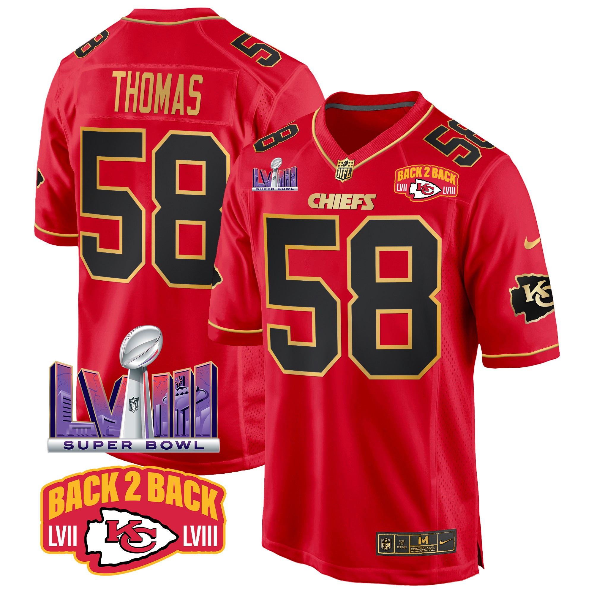 Men's Derrick Thomas Kansas City Chiefs Super Bowl LVIII & Back 2 Back Patch Game Red Special Jersey - All Stitched