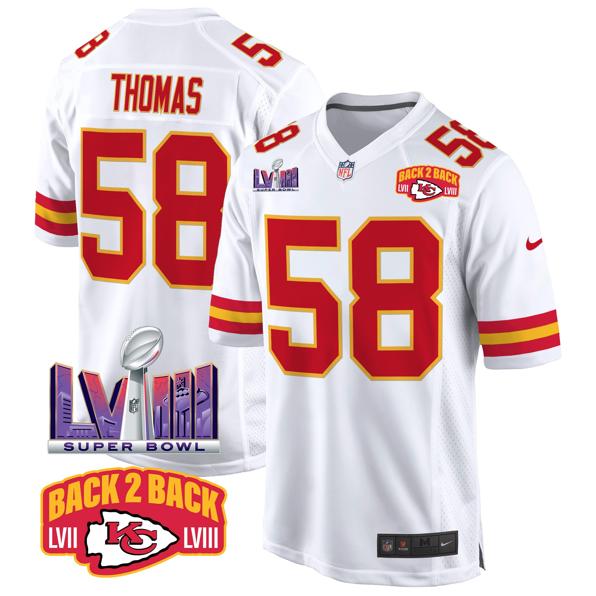 Men's Derrick Thomas Kansas City Chiefs Super Bowl LVIII & Back 2 Back Patch Game White Jersey - All Stitched