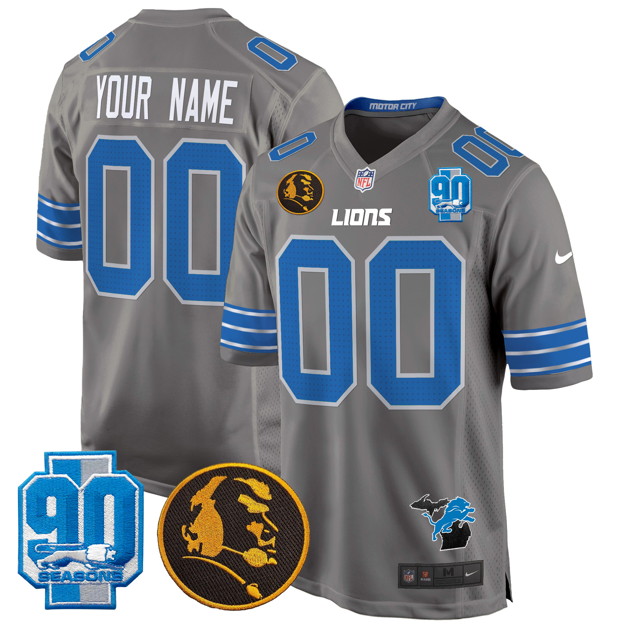 Men's Detroit Lions 2024 90th & John Madden Patch Game Custom Gray Jersey - All Stitched