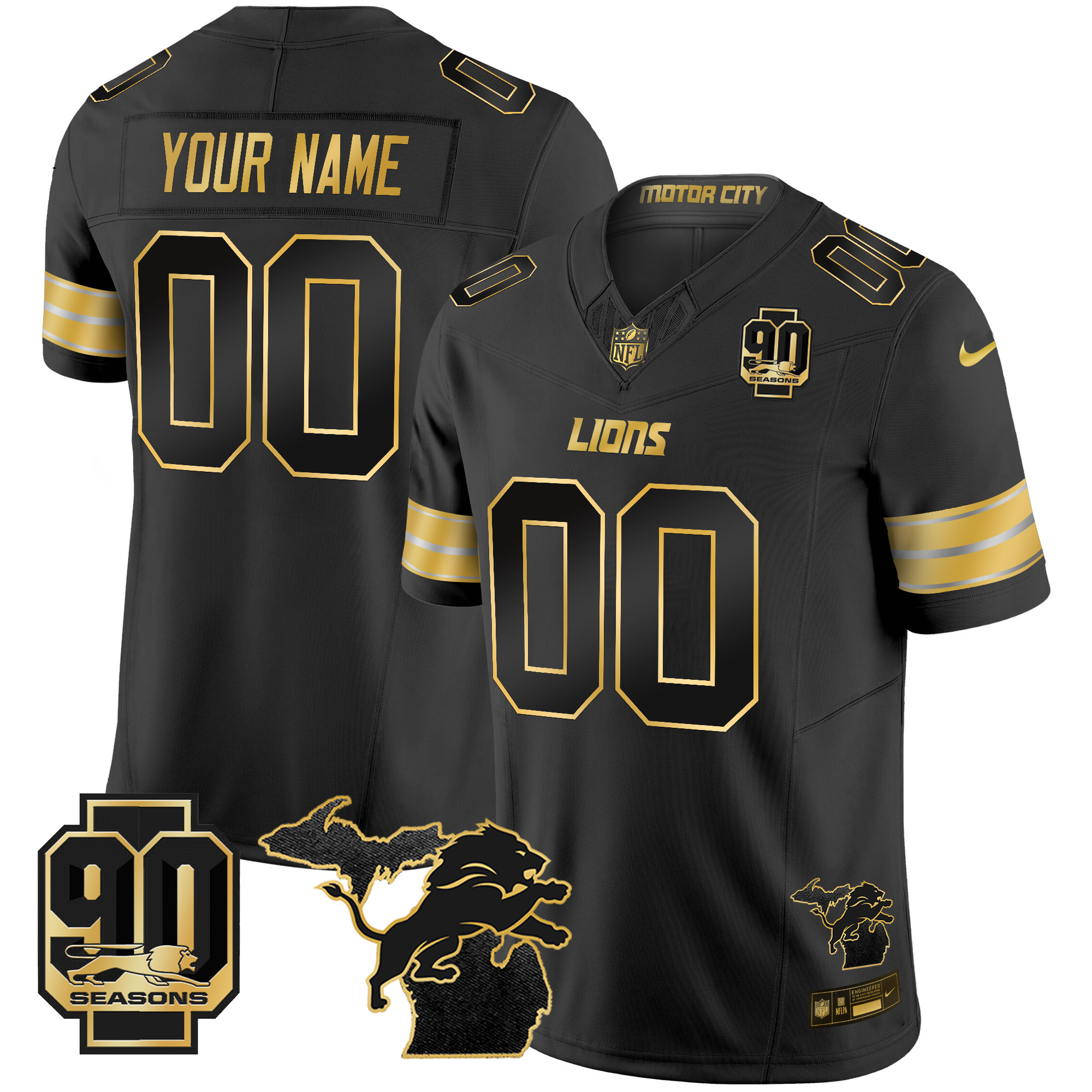Men's Detroit Lions 2024 Michigan & 90th Season Patch Gold Vapor Limited Custom Black Gold Jersey - All Stitched