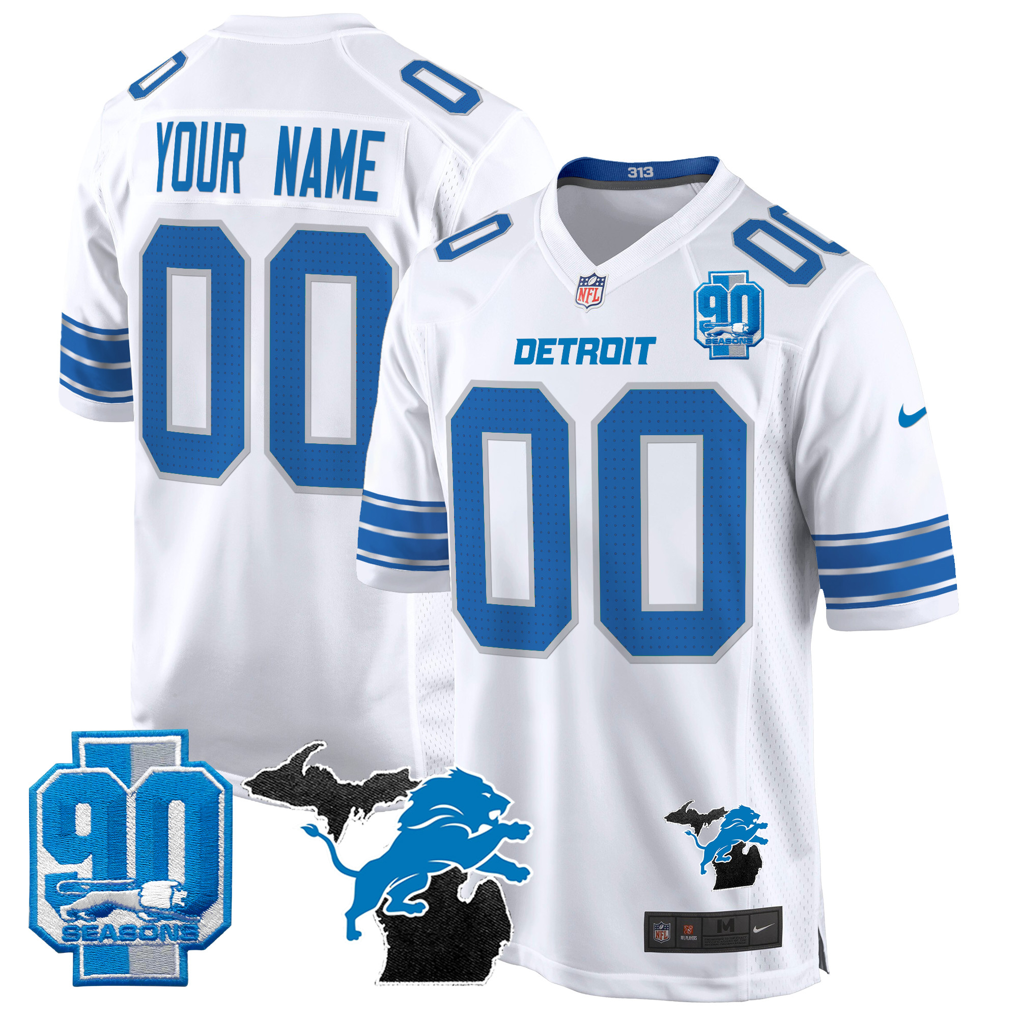 Men's Detroit Lions 2024 Michigan & 90th Year Patch Game Custom White Jersey - All Stitched