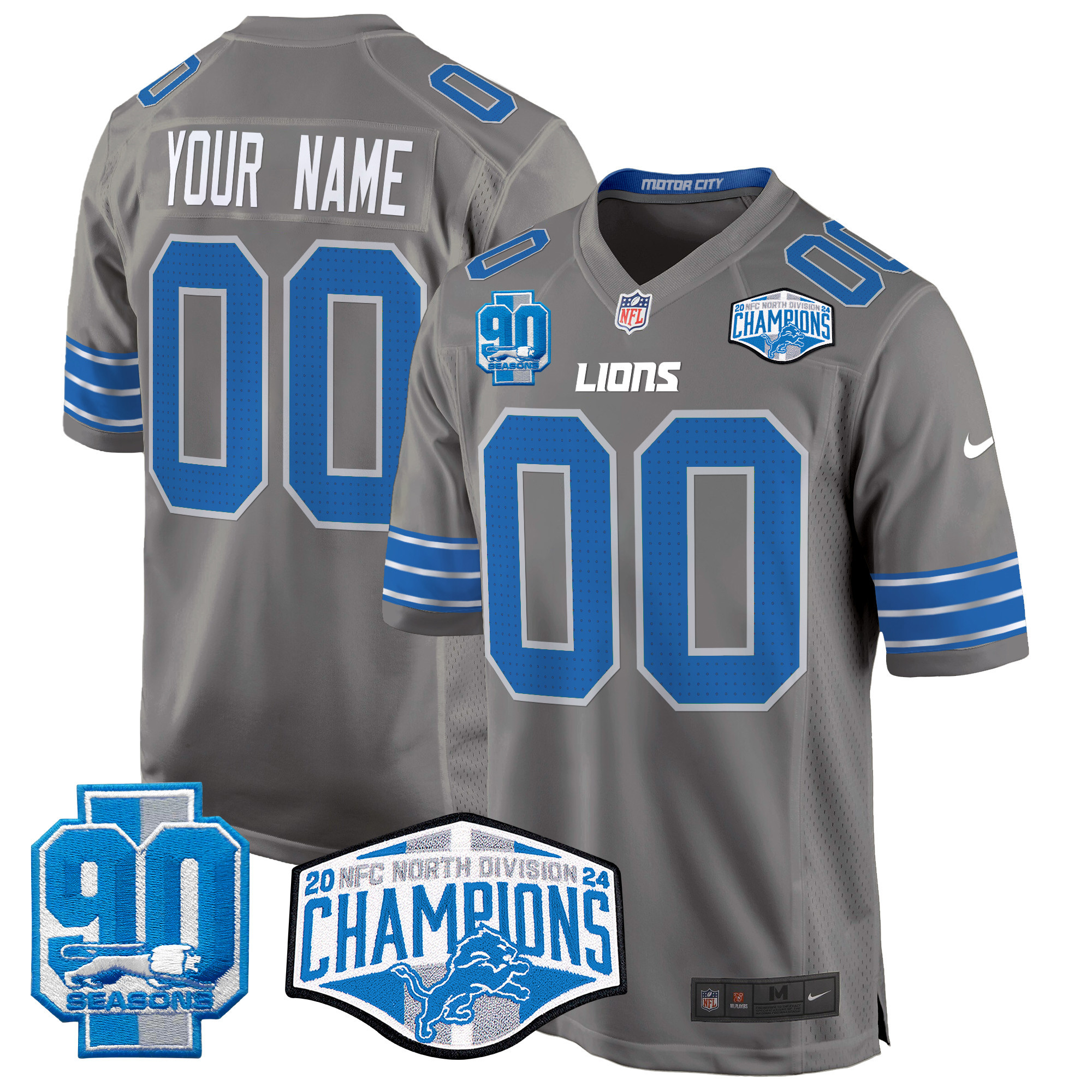 Men's Detroit Lions 2024 NFC North Division Champions Patch Game Custom Gray Jersey - All Stitched