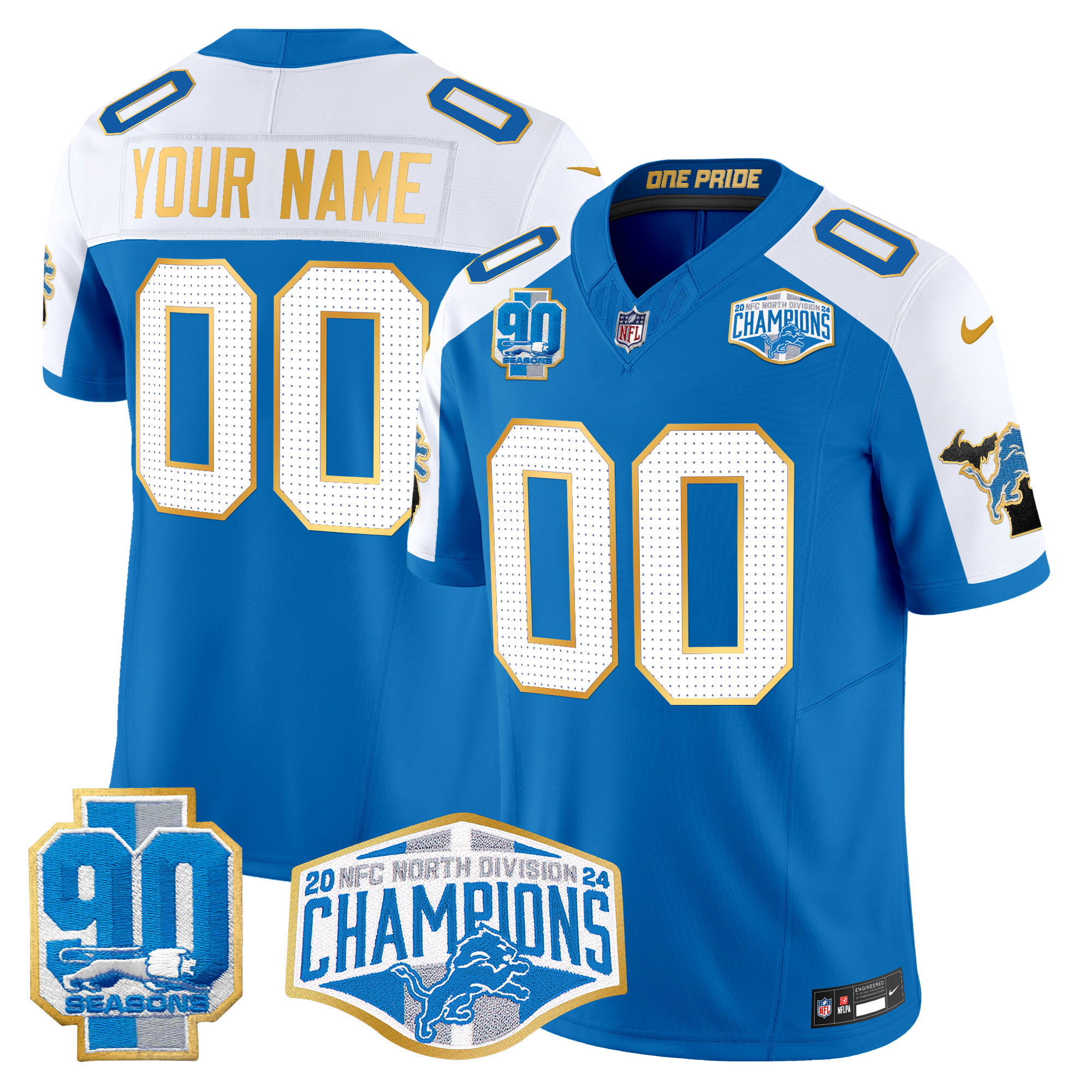 Men's Detroit Lions 2024 NFC North Division Champions Patch Gold Trim Vapor Limited Custom Blue Alternate Jersey - All Stitched