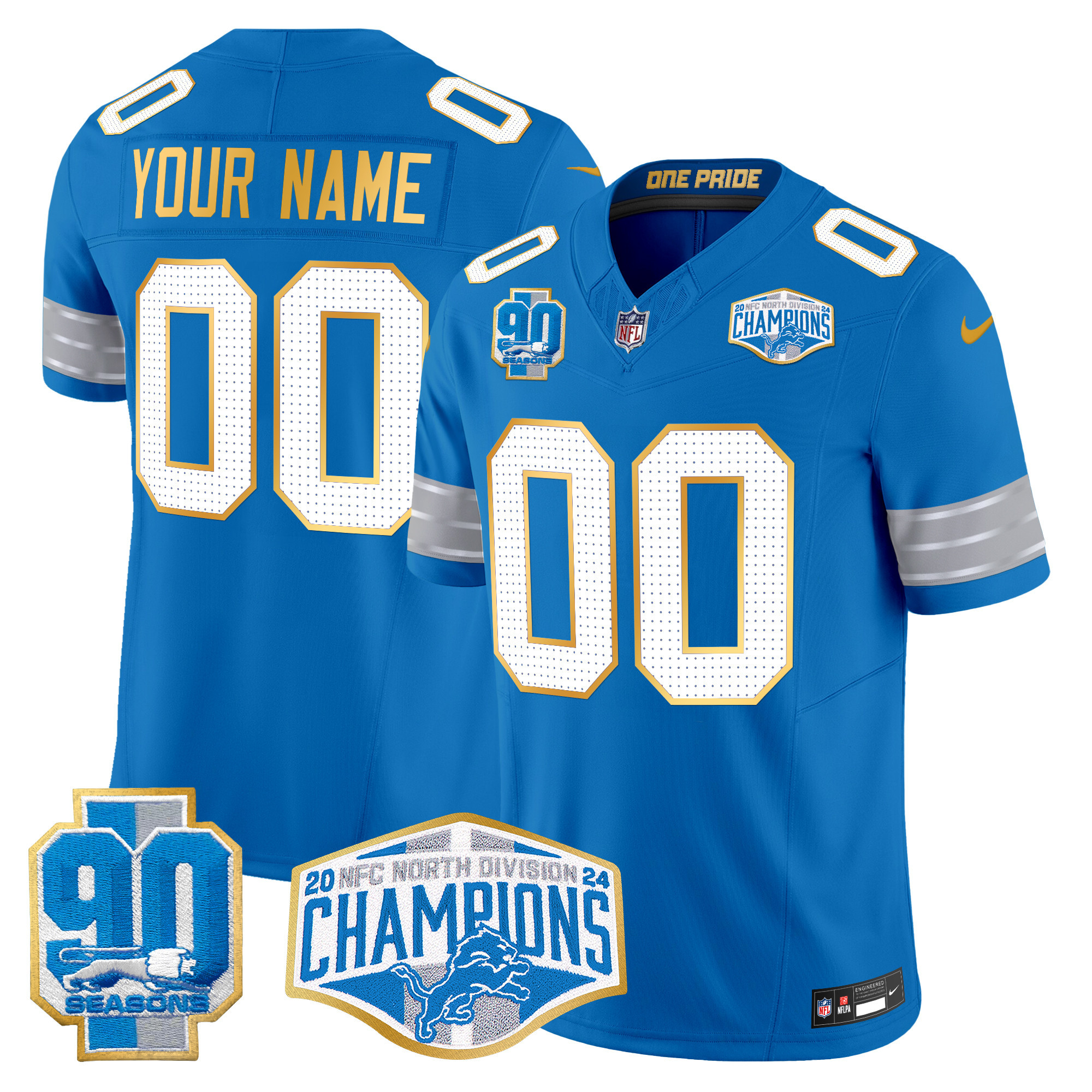 Men's Detroit Lions 2024 NFC North Division Champions Patch Gold Trim Vapor Limited Custom Blue Jersey - All Stitched