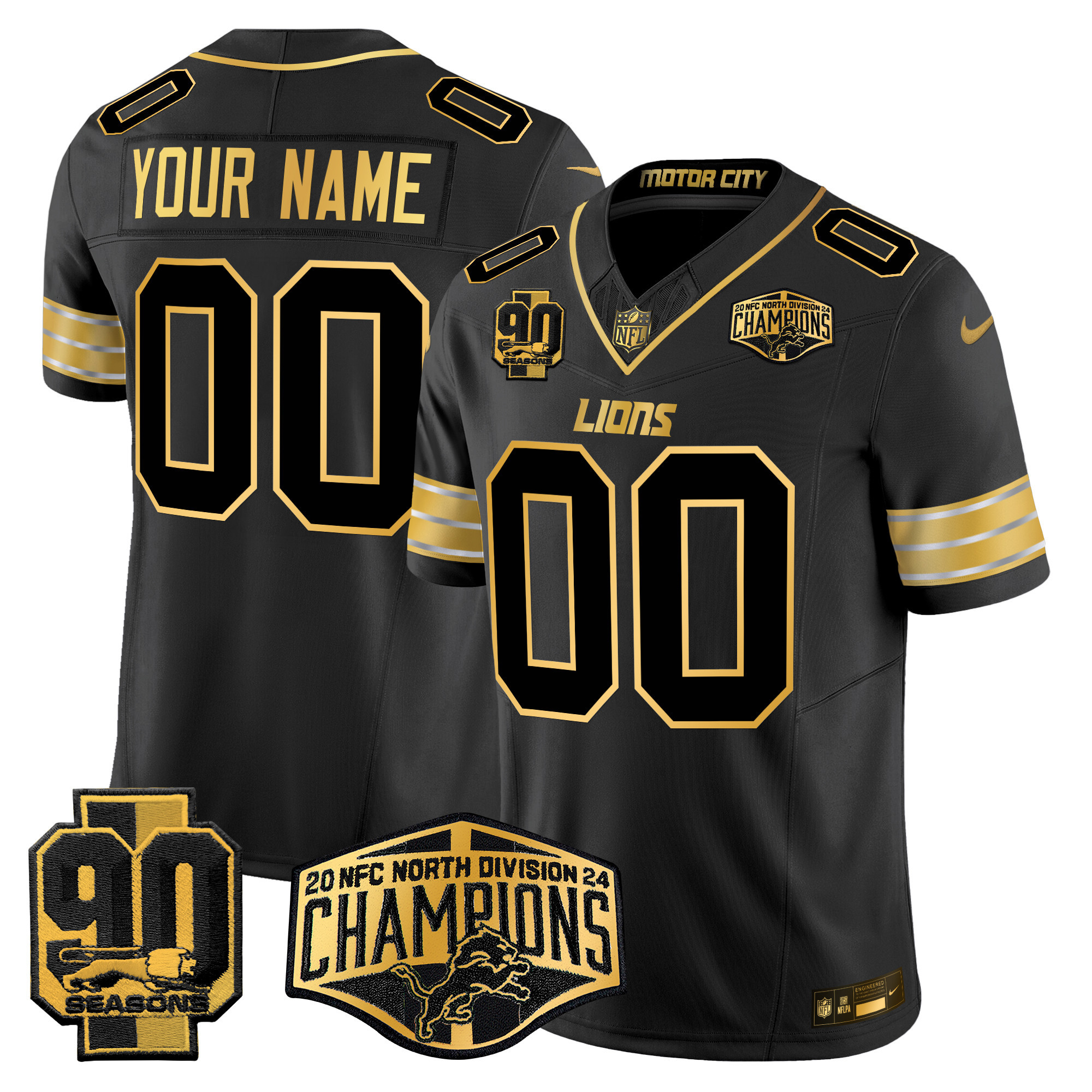 Men's Detroit Lions 2024 NFC North Division Champions Patch Gold Vapor Limited Custom Black Gold Jersey - All Stitched