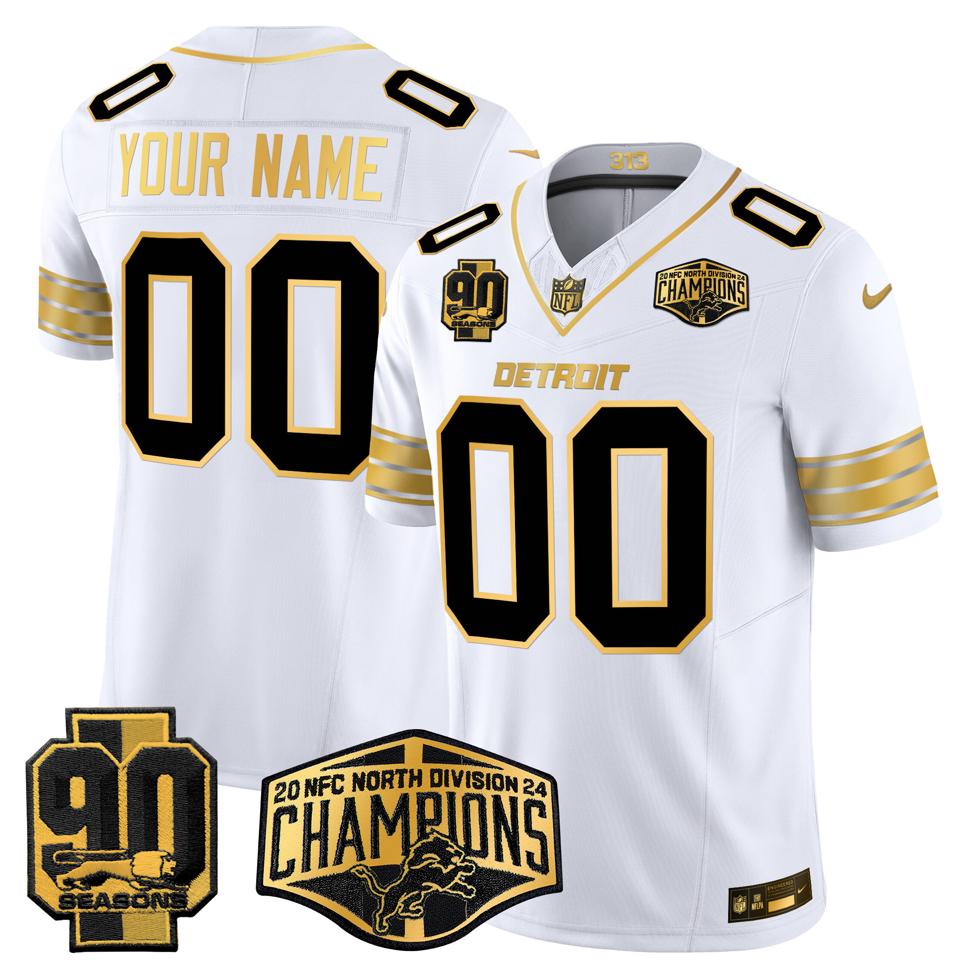 Men's Detroit Lions 2024 NFC North Division Champions Patch Gold Vapor Limited Custom White Gold Jersey - All Stitched