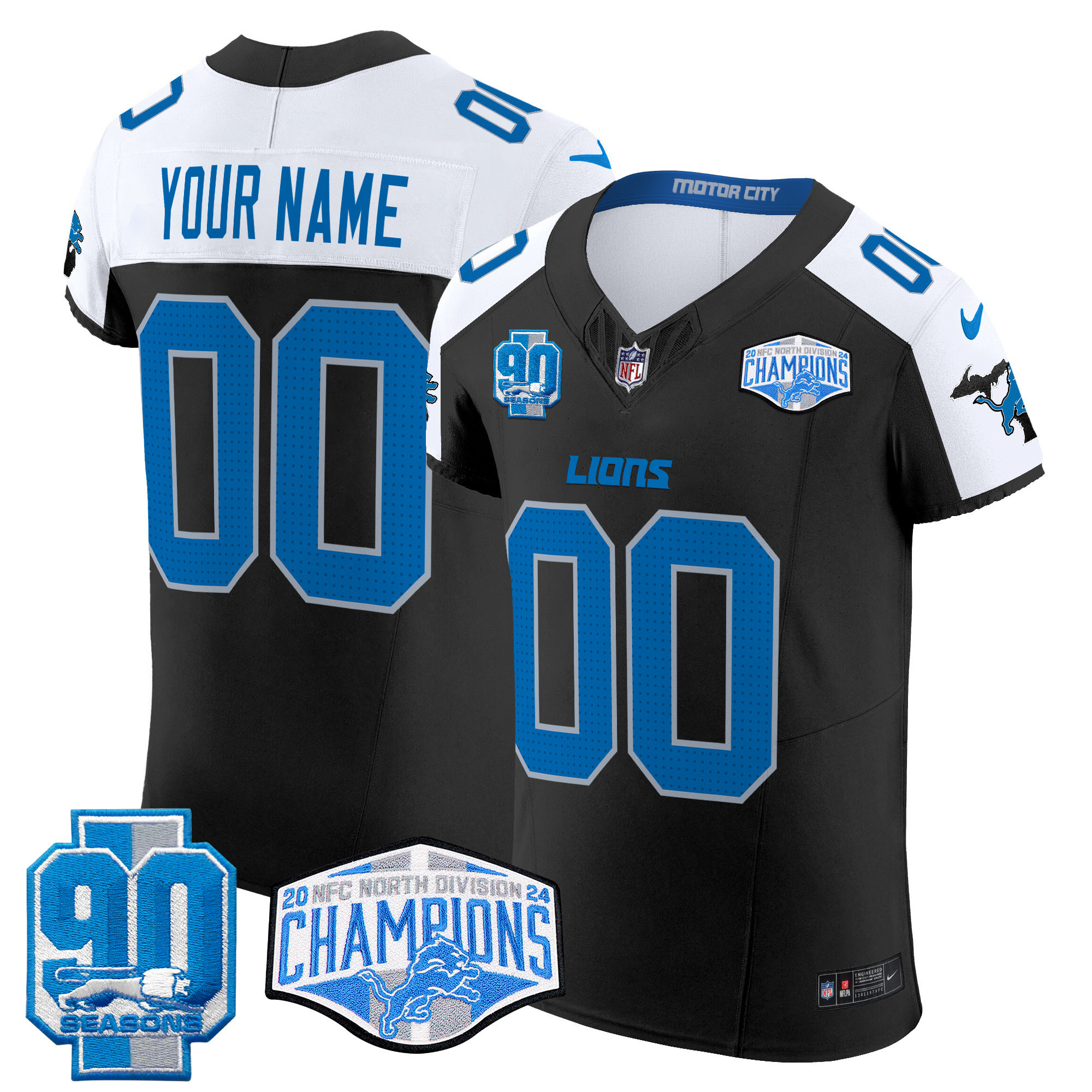 Men's Detroit Lions 2024 NFC North Division Champions Patch Vapor Elite Custom Black Alternate Jersey - All Stitched