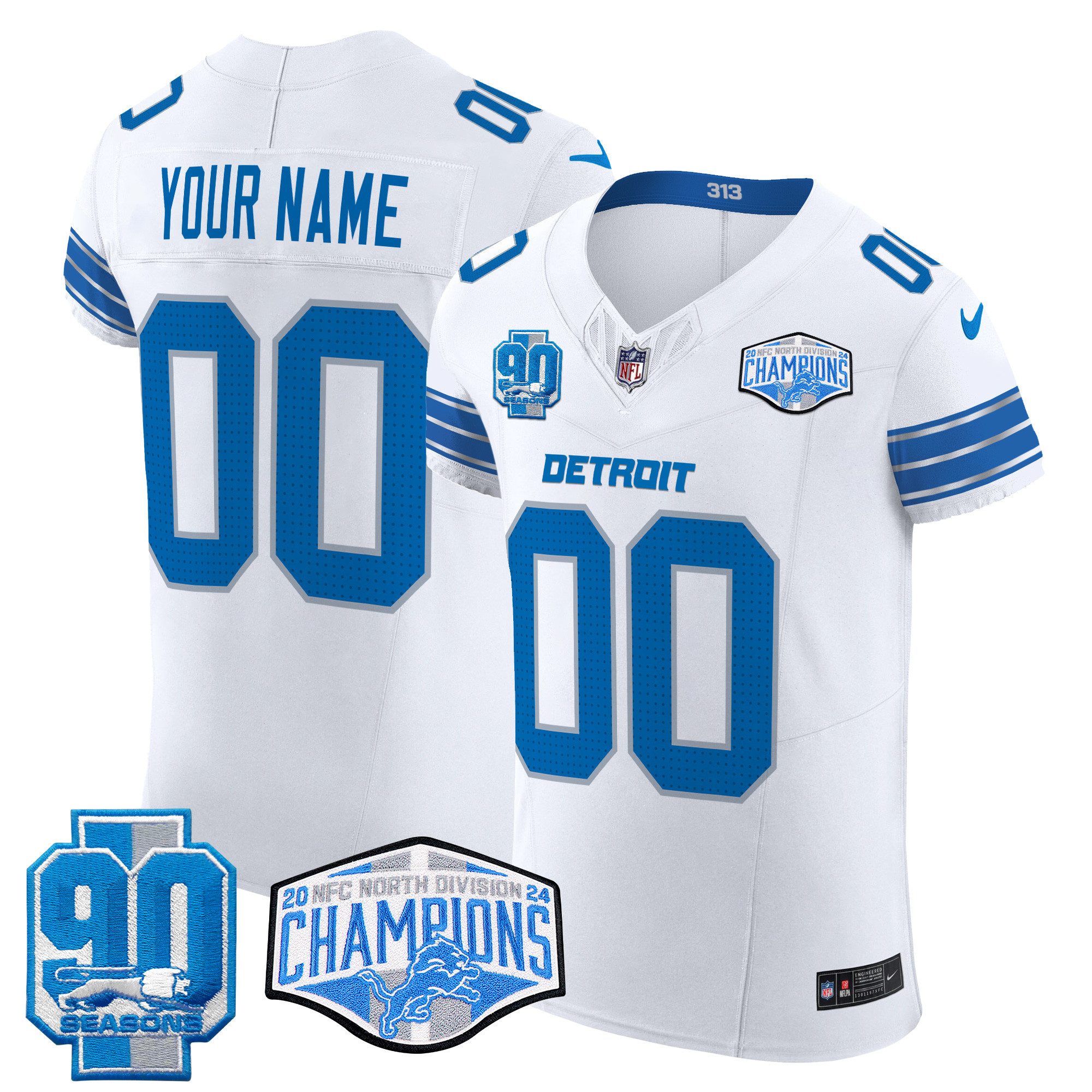 Men's Detroit Lions 2024 NFC North Division Champions Patch Vapor Elite Custom White Jersey - All Stitched
