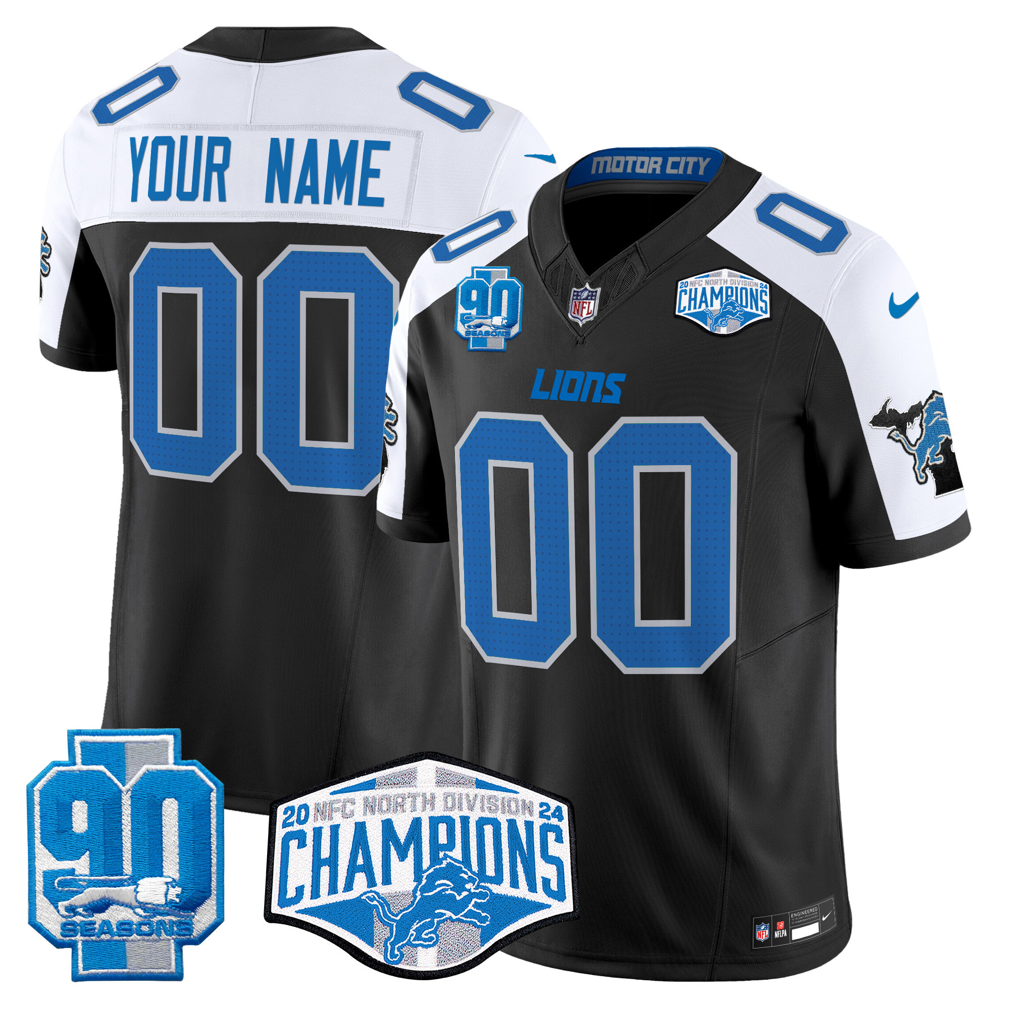 Men's Detroit Lions 2024 NFC North Division Champions Patch Vapor Limited Custom Black Alternate Jersey - All Stitched