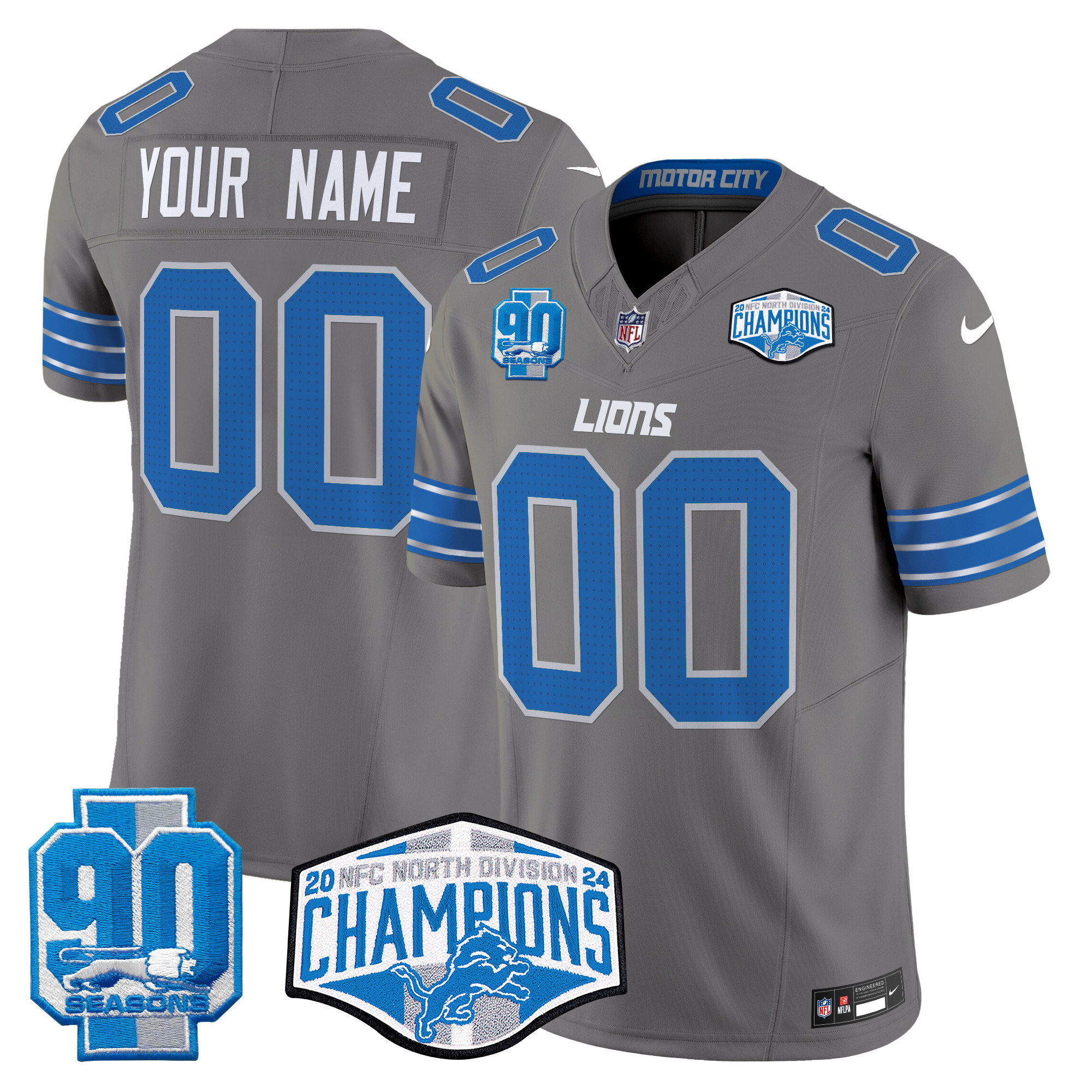 Men's Detroit Lions 2024 NFC North Division Champions Patch Vapor Limited Custom Gray Jersey - All Stitched