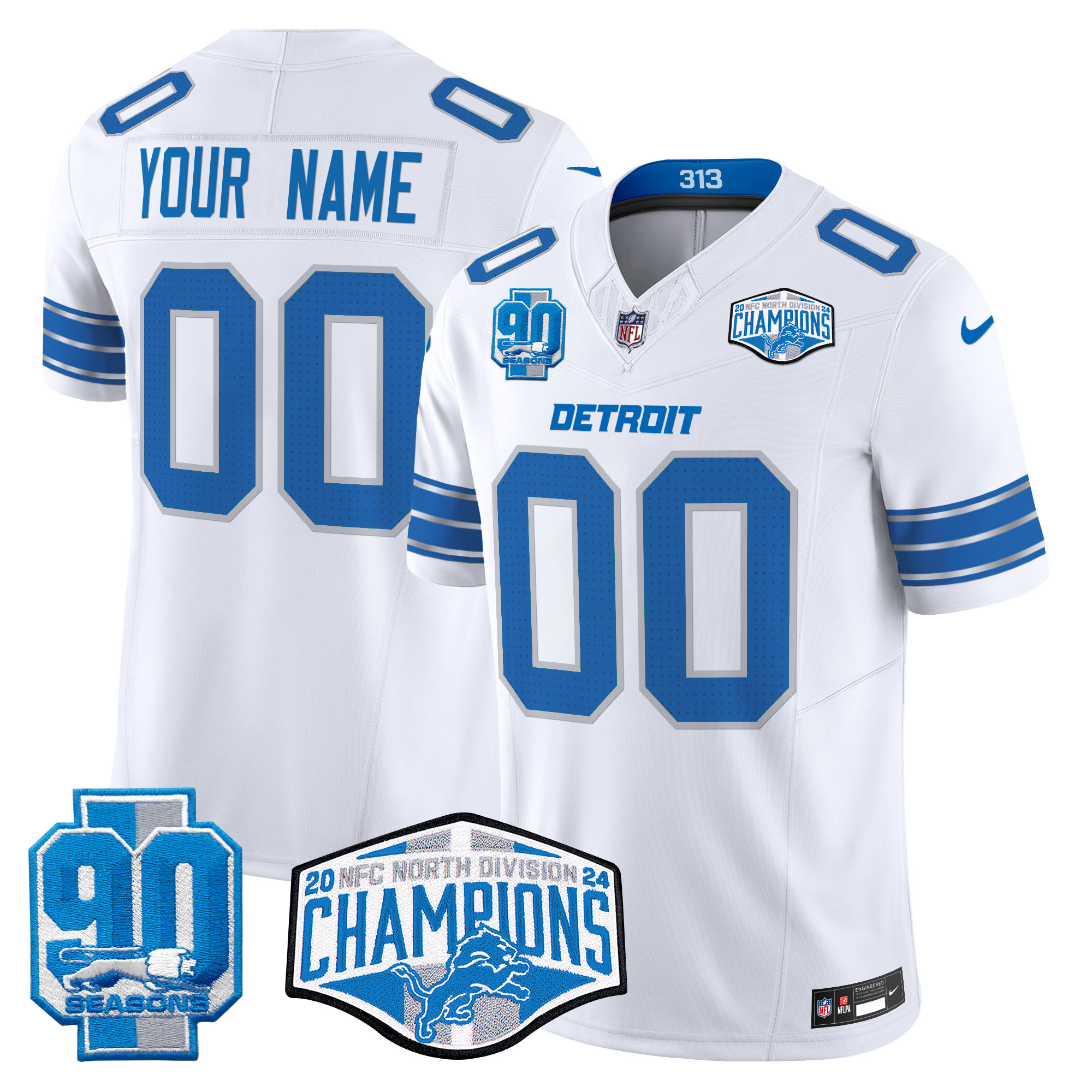 Men's Detroit Lions 2024 NFC North Division Champions Patch Vapor Limited Custom White Jersey - All Stitched