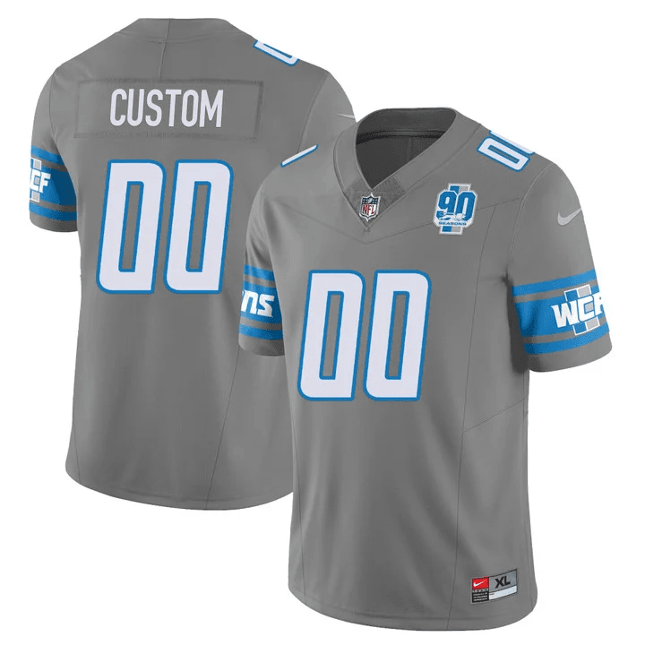 Men's Detroit Lions 90th Year Patch Vapor Custom Gray Jersey - All Stitched 