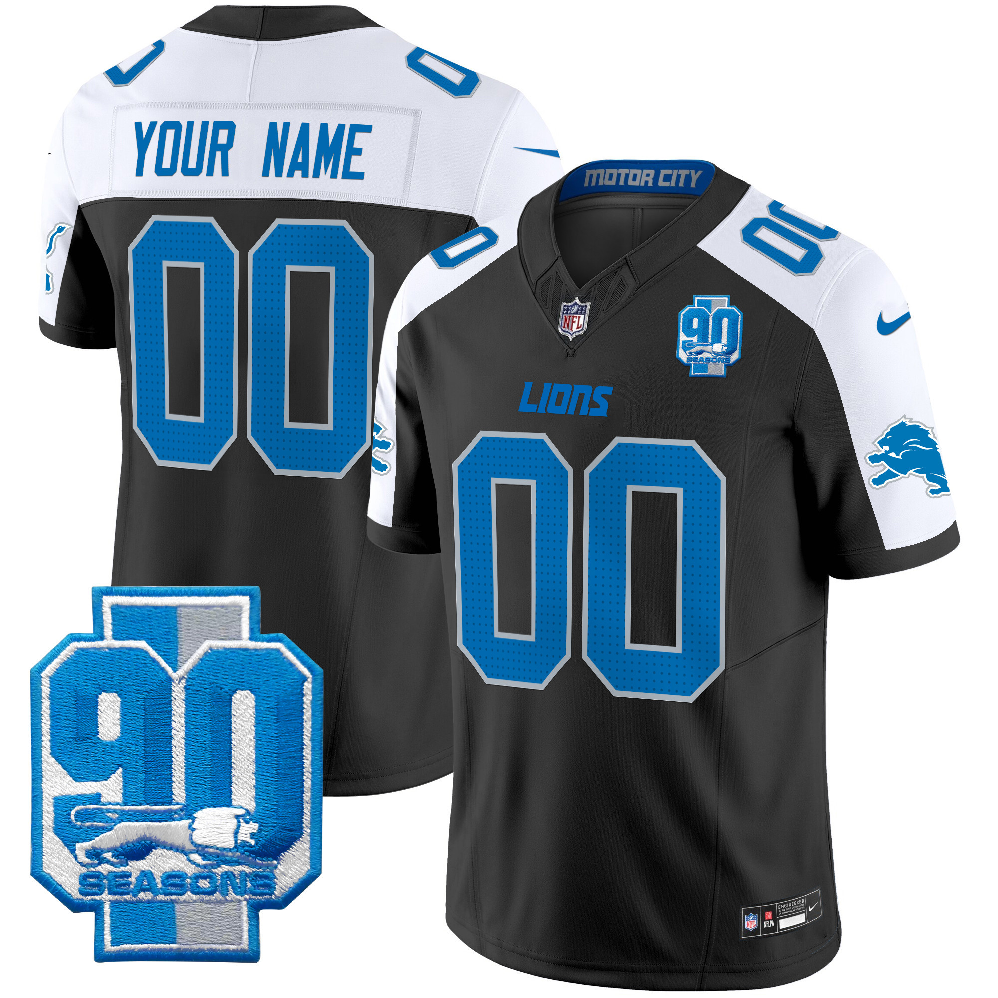 Men's Detroit Lions 90th Year Patch Vapor Limited Custom Black Alternate Jersey - All Stitched