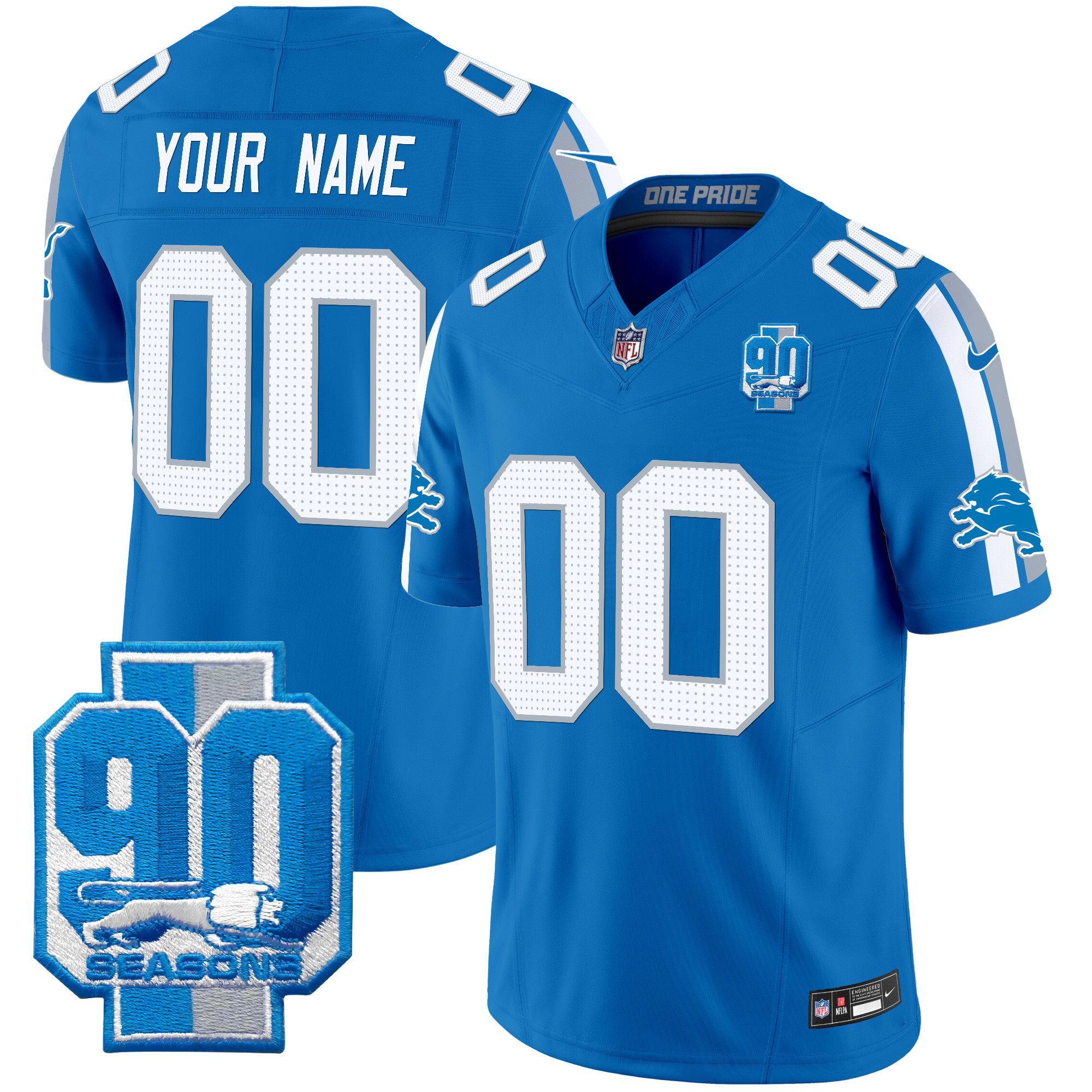 Men's Detroit Lions 90th Year Patch Vapor Limited Custom Blue Jersey - All Stitched