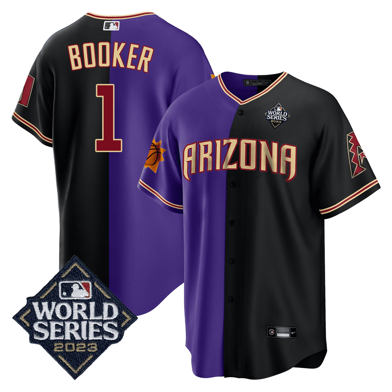 Men's Devin Booker Split Arizona Dbacks - Suns 2023 World Series Patch Jersey - All Stitched - Black Purple