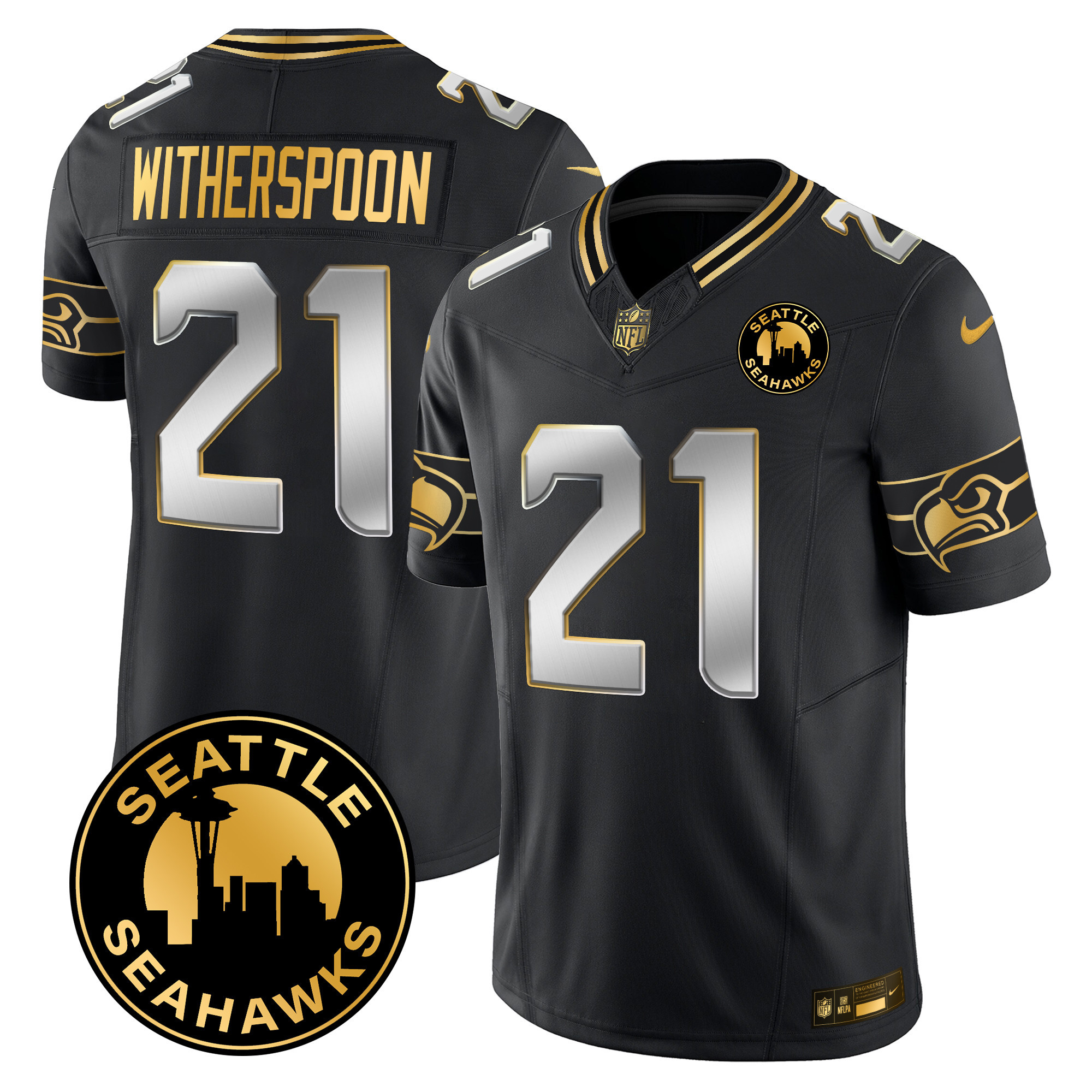 Men's Devon Witherspoon Seattle Seahawks 2024 Seattle City Patch Gold Vapor Limited Black Limited Jersey - All Stitched