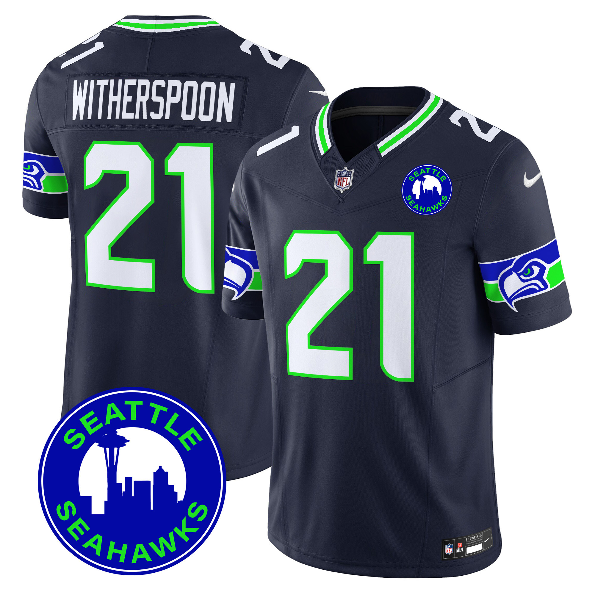 Men's Devon Witherspoon Seattle Seahawks 2024 Seattle City Patch Vapor Limited Navy Jersey - All Stitched