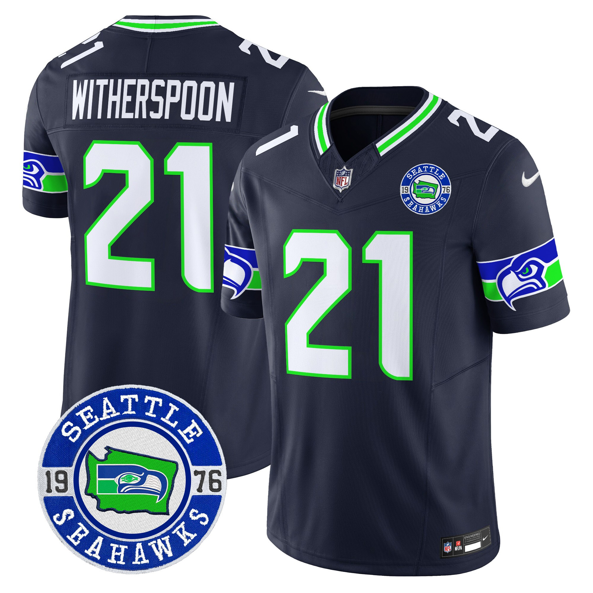 Men's Devon Witherspoon Seattle Seahawks 2024 Seattle Est. 1976 Patch Vapor Limited Navy Jersey - All Stitched