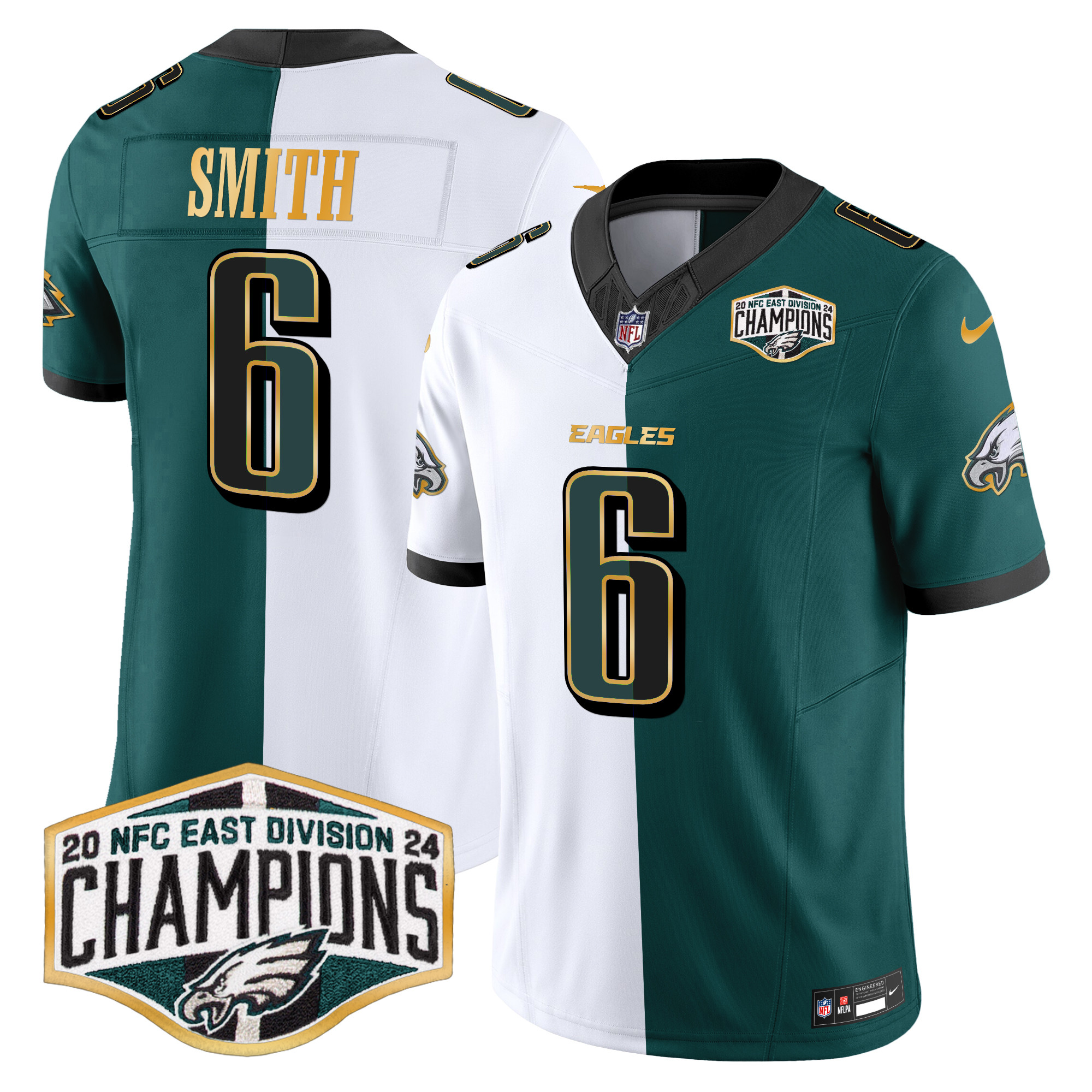 Men's DeVonta Smith Philadelphia Eagles 2024 NFC East Division Champions Gold Trim Vapor Limited Split Jersey - All Stitched