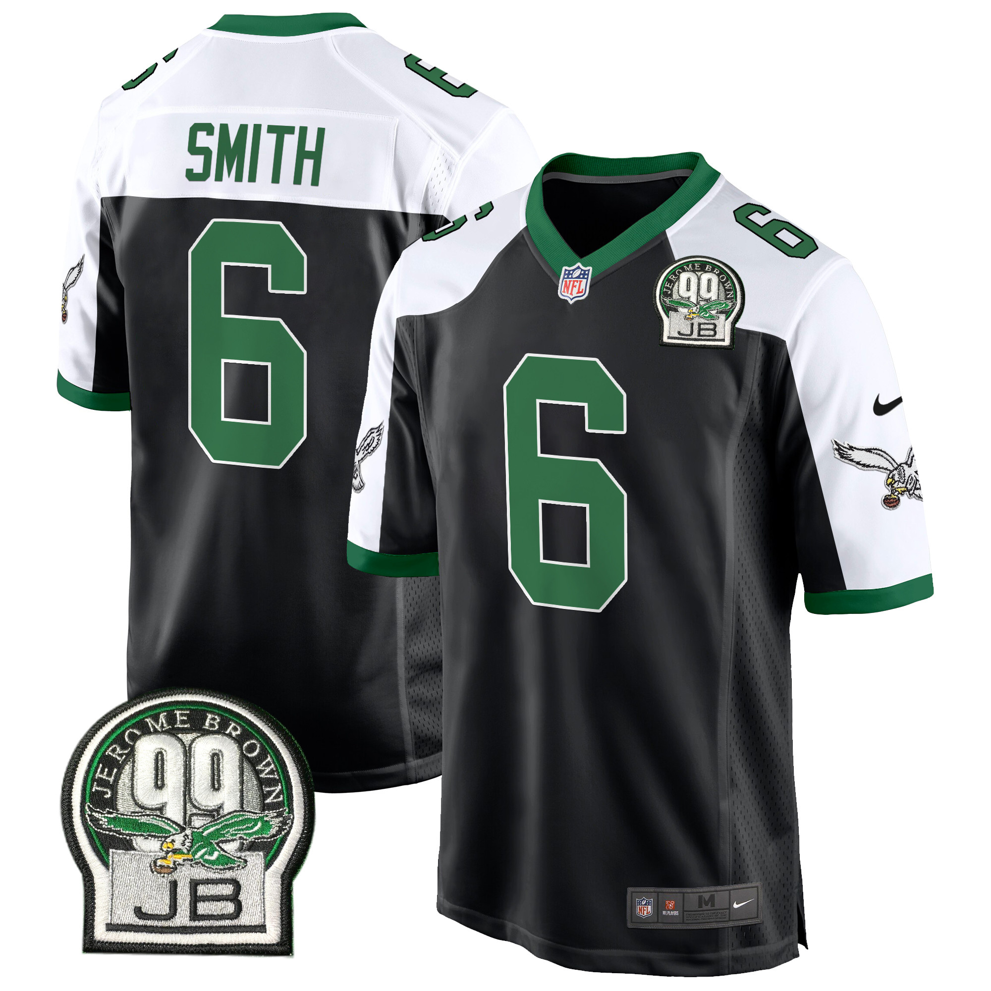 Men's DeVonta Smith Philadelphia Eagles Jerome Brown Patch Kelly Green Game Black Alternate Jersey - All Stitched