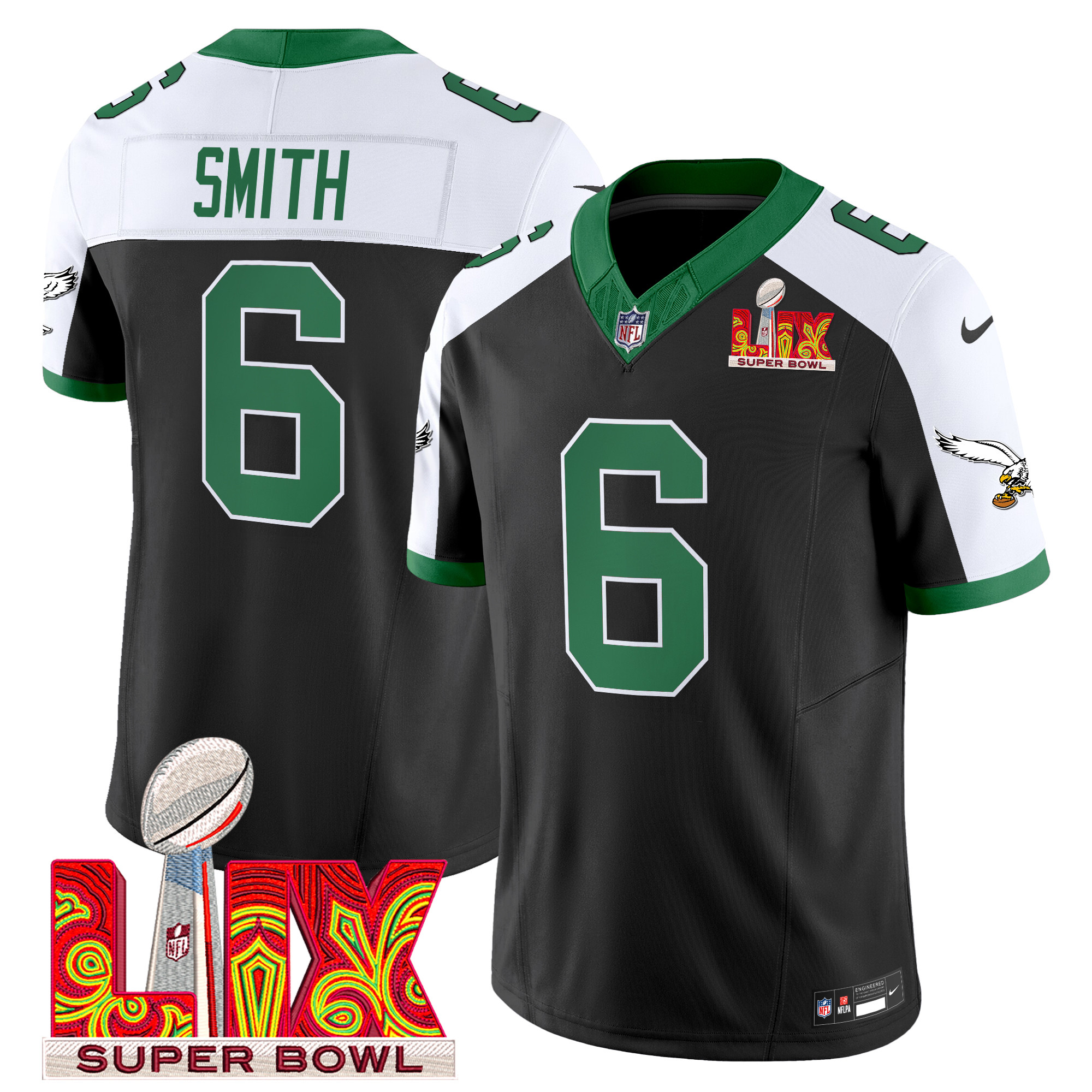 Men's DeVonta Smith Philadelphia Eagles Kelly Green Super Bowl LIX Patch Vapor Limited Black Alternate Jersey - All Stitched