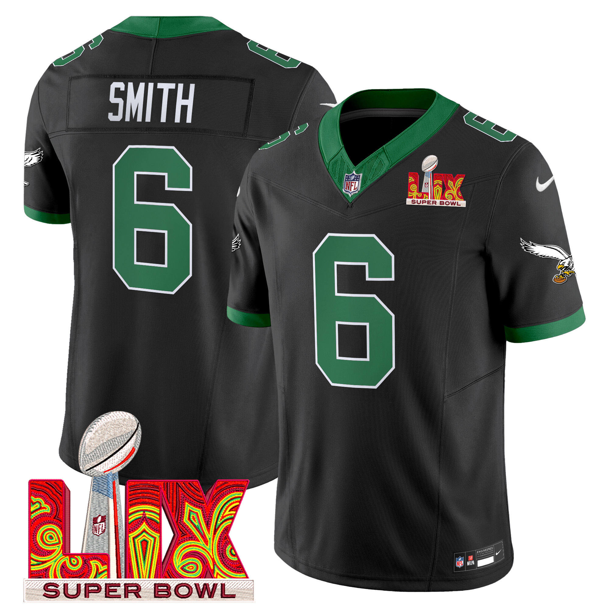 Men's DeVonta Smith Philadelphia Eagles Kelly Green Super Bowl LIX Patch Vapor Limited Black Jersey - All Stitched