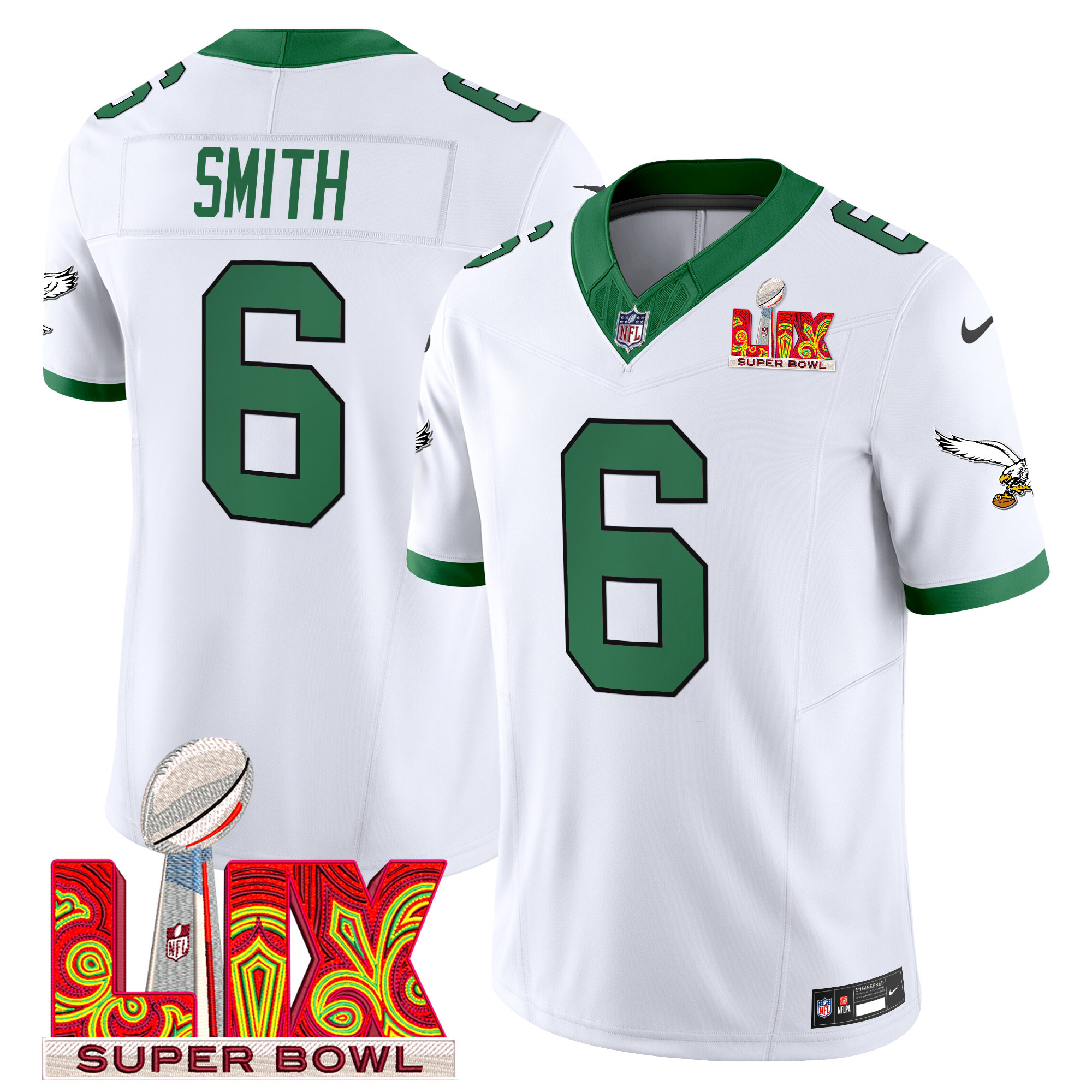 Men's DeVonta Smith Philadelphia Eagles Super Bowl LIX Patch Vapor Limited Kelly White Jersey - All Stitched
