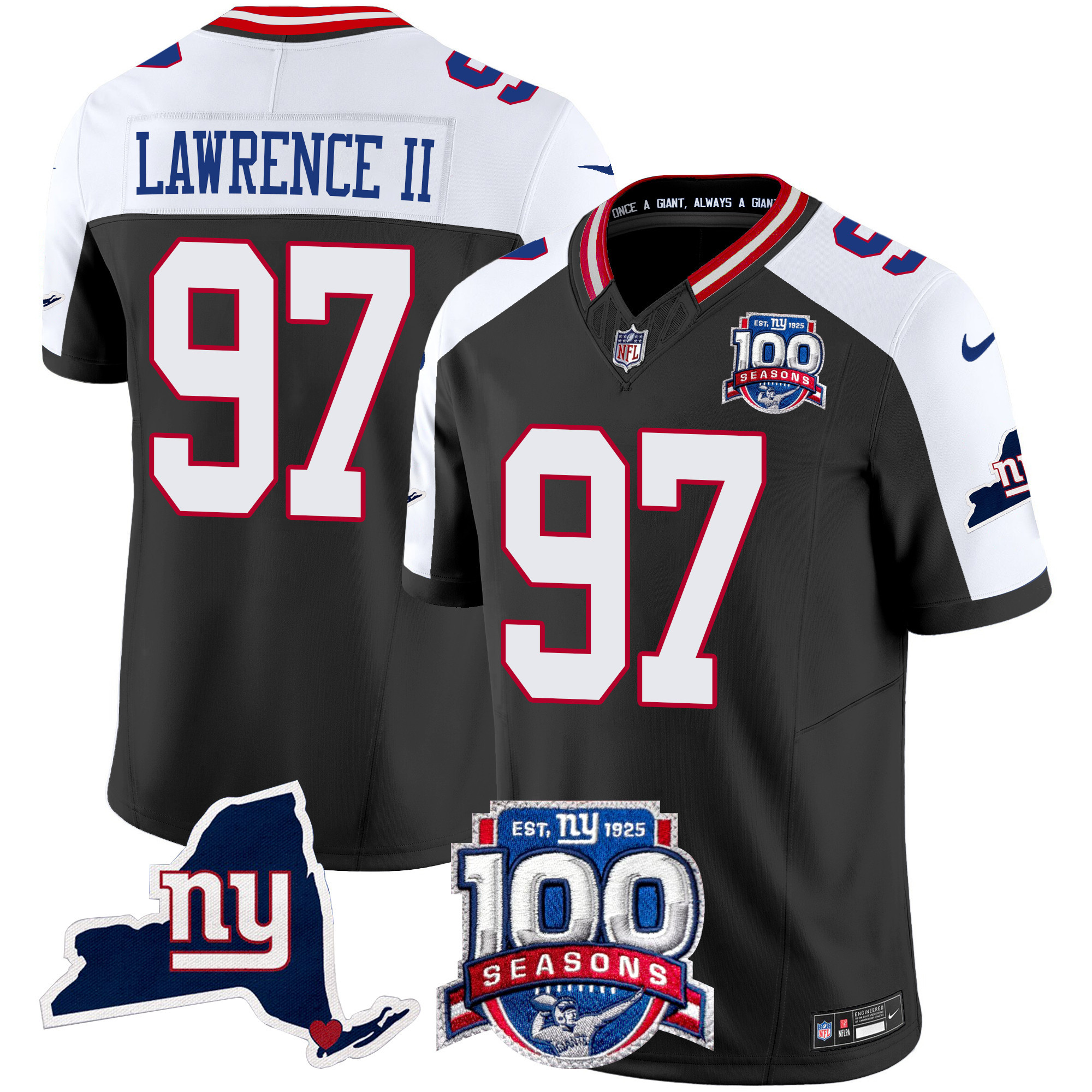 Men's Dexter Lawrence II New York Giants 100th Season & State Patch Vapor Limited Black Alternate Jersey - All Stitched