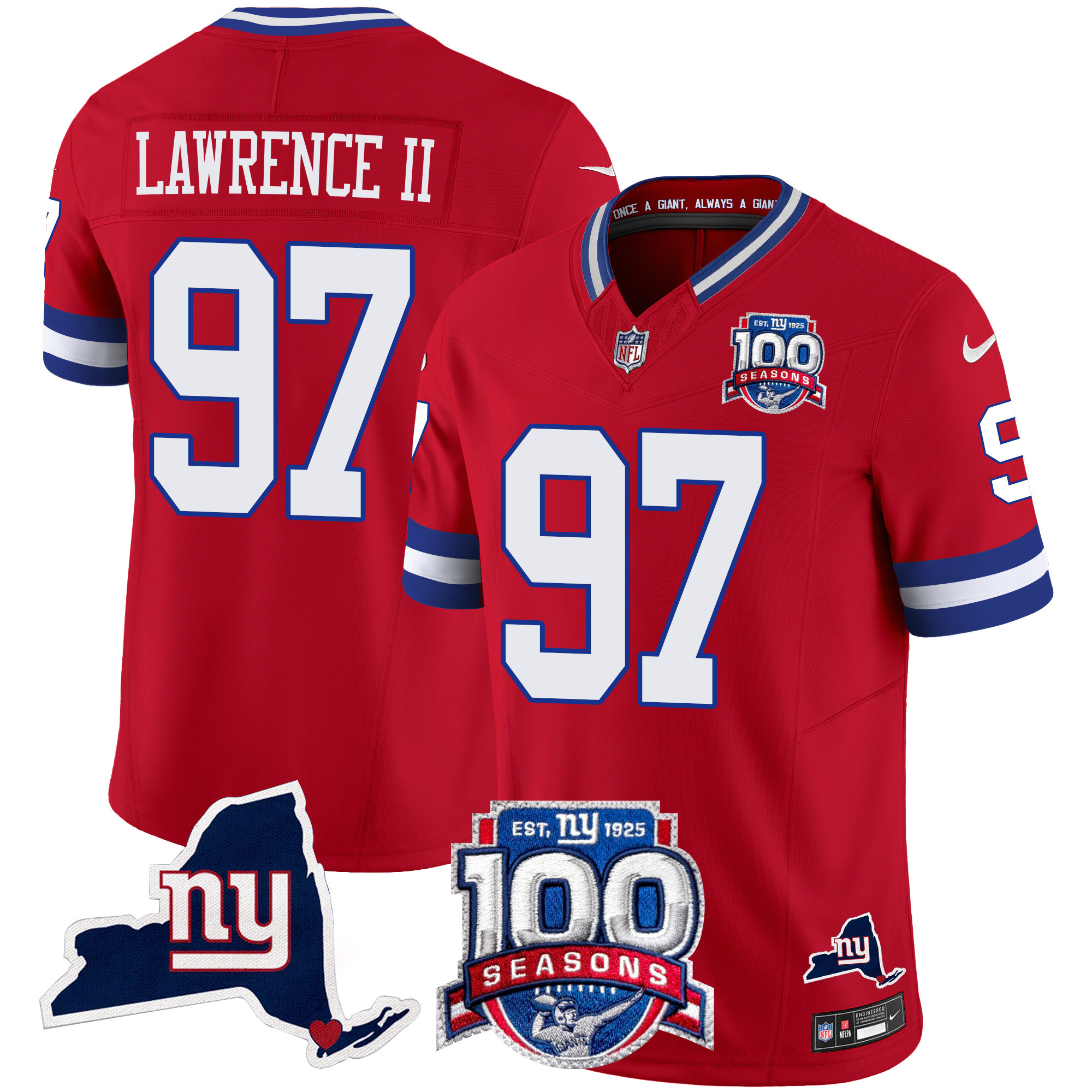 Men's Dexter Lawrence II New York Giants 100th Season & State Patch Vapor Limited Red Jersey - All Stitched