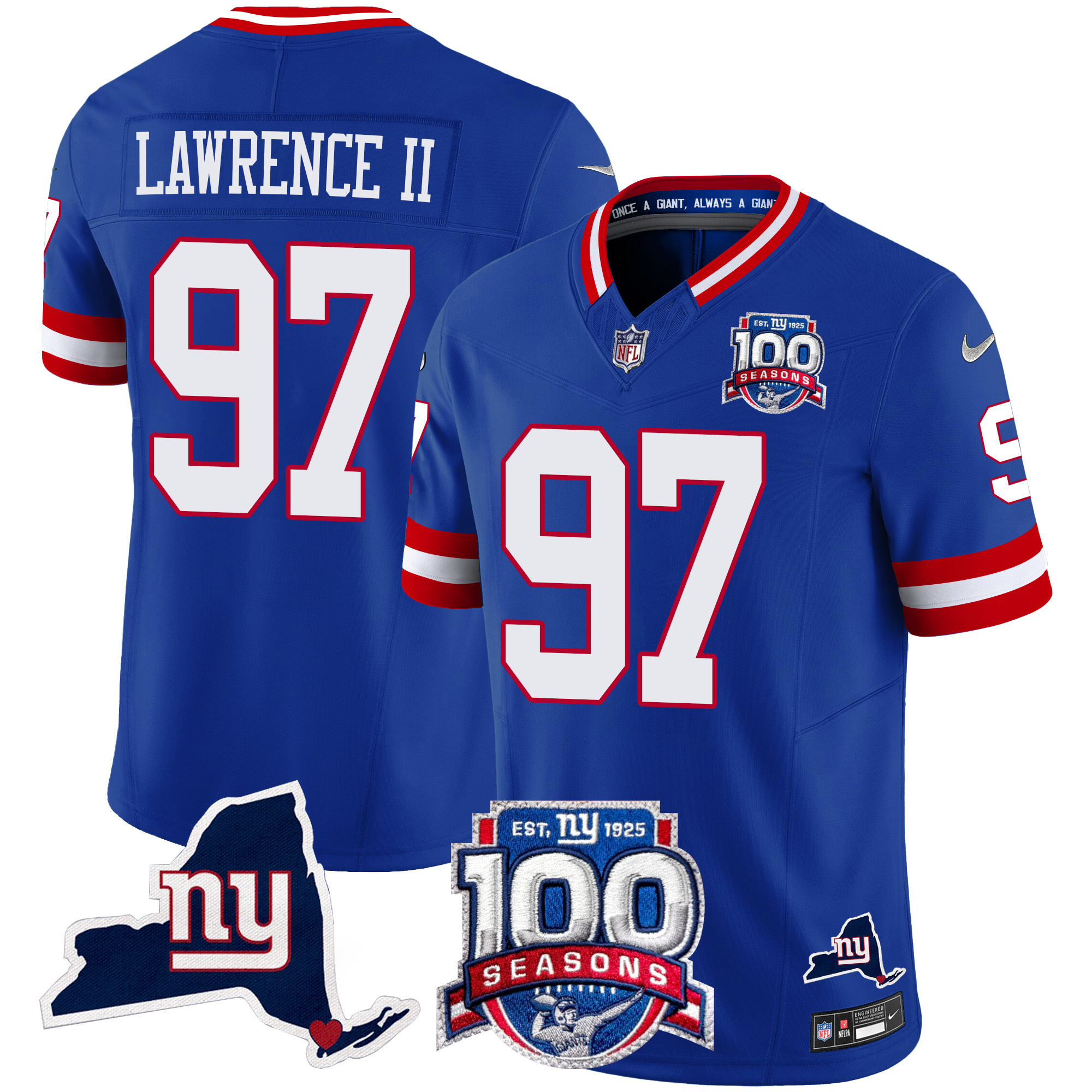 Men's Dexter Lawrence II New York Giants 100th Season & State Patch Vapor Limited Royal Jersey - All Stitched