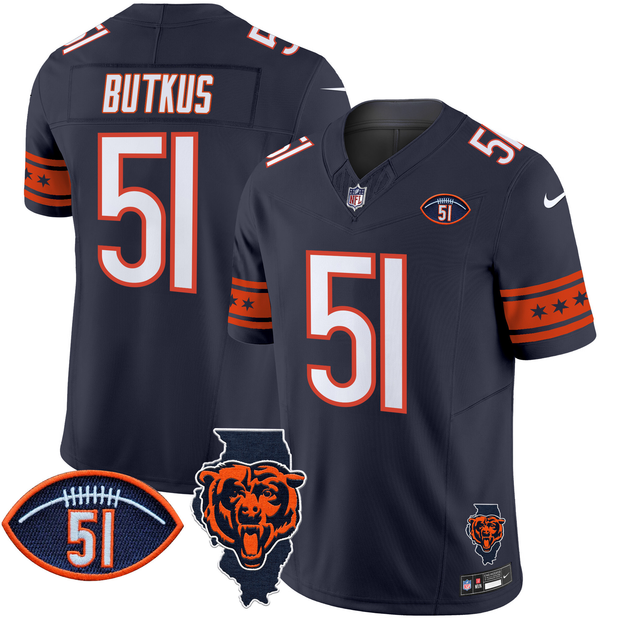 Men's Dick Butkus Chicago Bears Illinois & Dick Butkus Patch Vapor Limited Navy Jersey - All Stitched