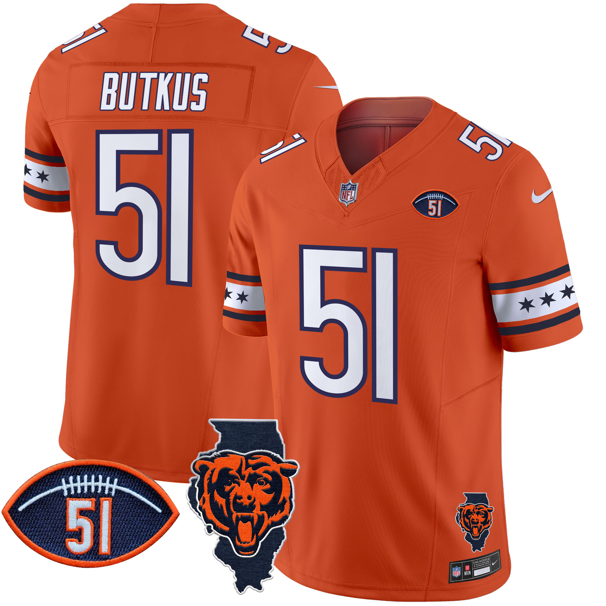 Men's Dick Butkus Chicago Bears Illinois & Dick Butkus Patch Vapor Limited Orange Jersey - All Stitched