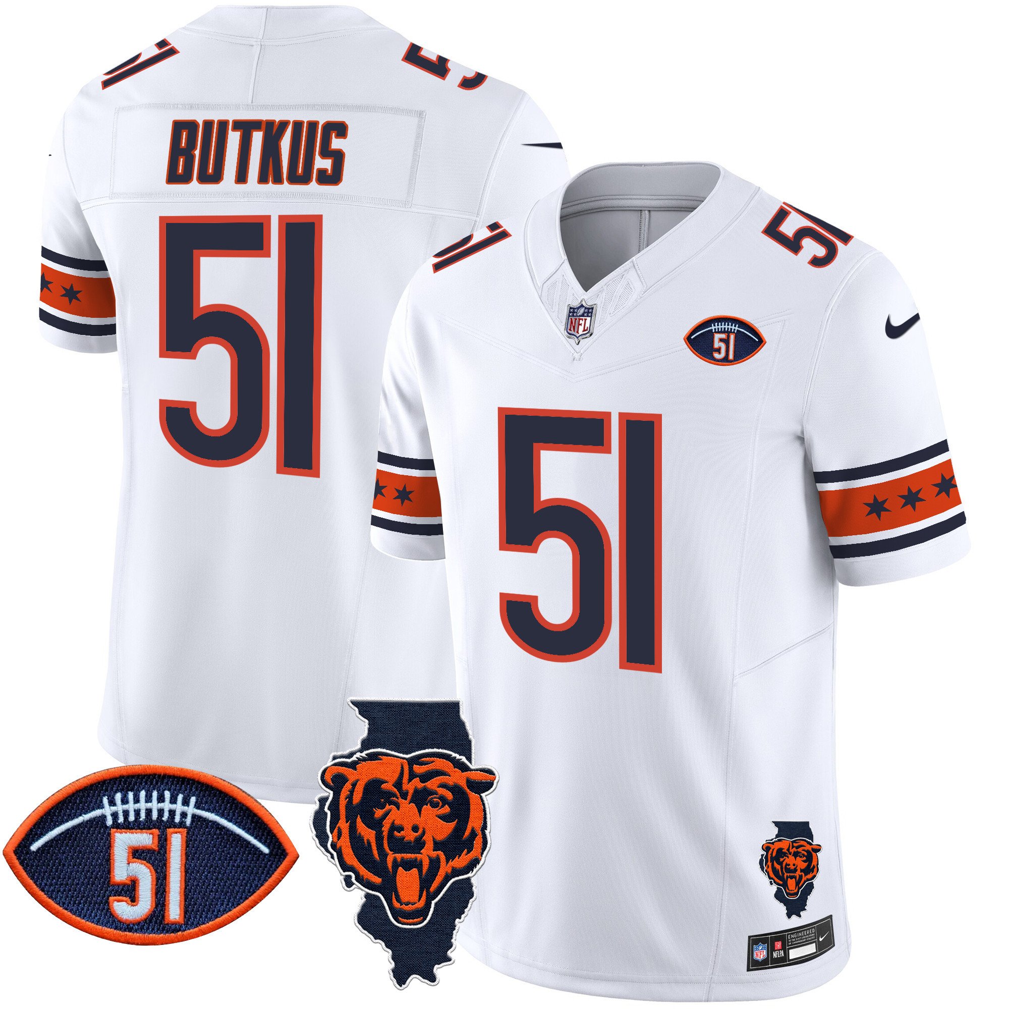 Men's Dick Butkus Chicago Bears Illinois & Dick Butkus Patch Vapor Limited White Jersey - All Stitched