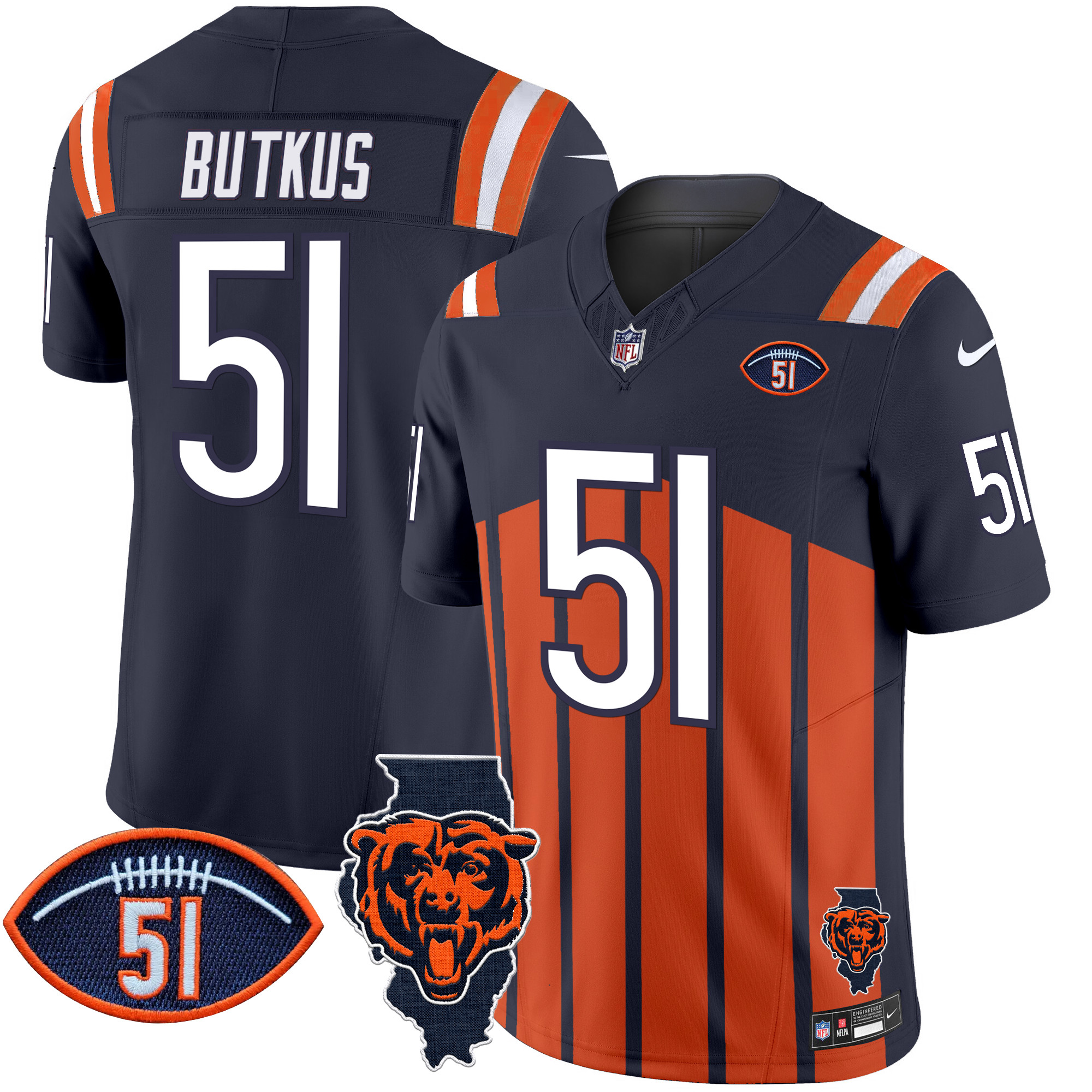 Men's Dick Butkus Chicago Bears Illinois Patch Vapor Limited Navy Special Jersey - All Stitched