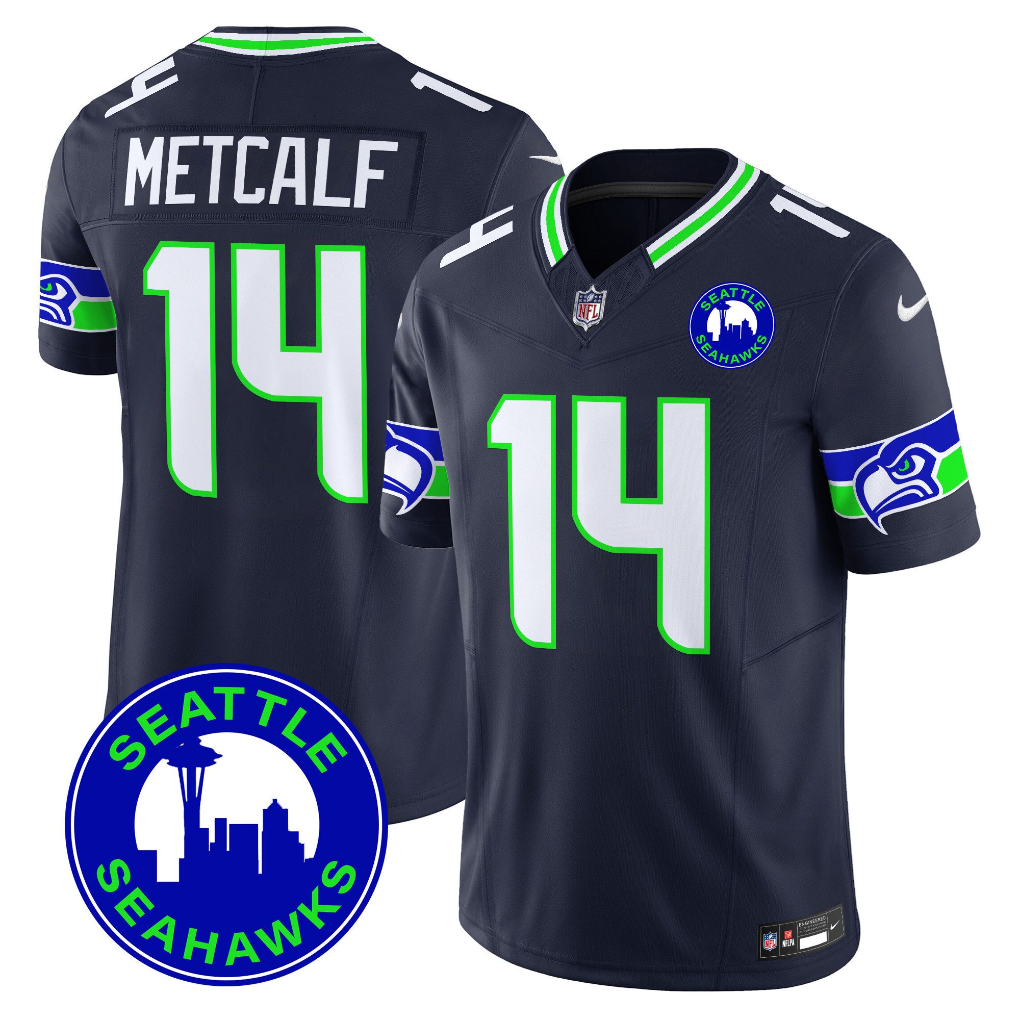 Men's DK Metcalf Seattle Seahawks 2024 Seattle City Patch Vapor Limited Navy Jersey - All Stitched