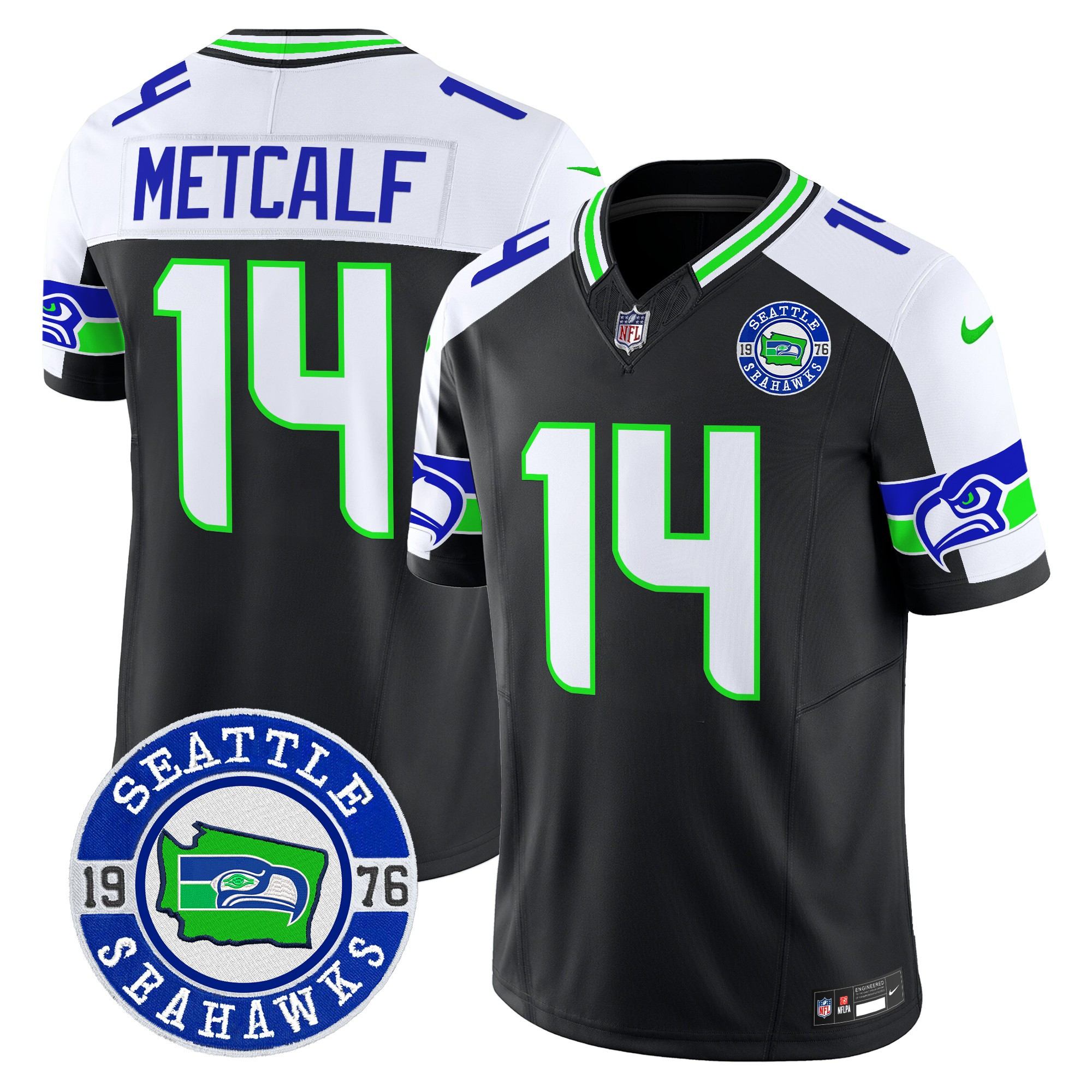 Men's Dk Metcalf Seattle Seahawks 2024 Seattle Est. 1976 Patch Vapor Limited Black Alternate Jersey - All Stitched