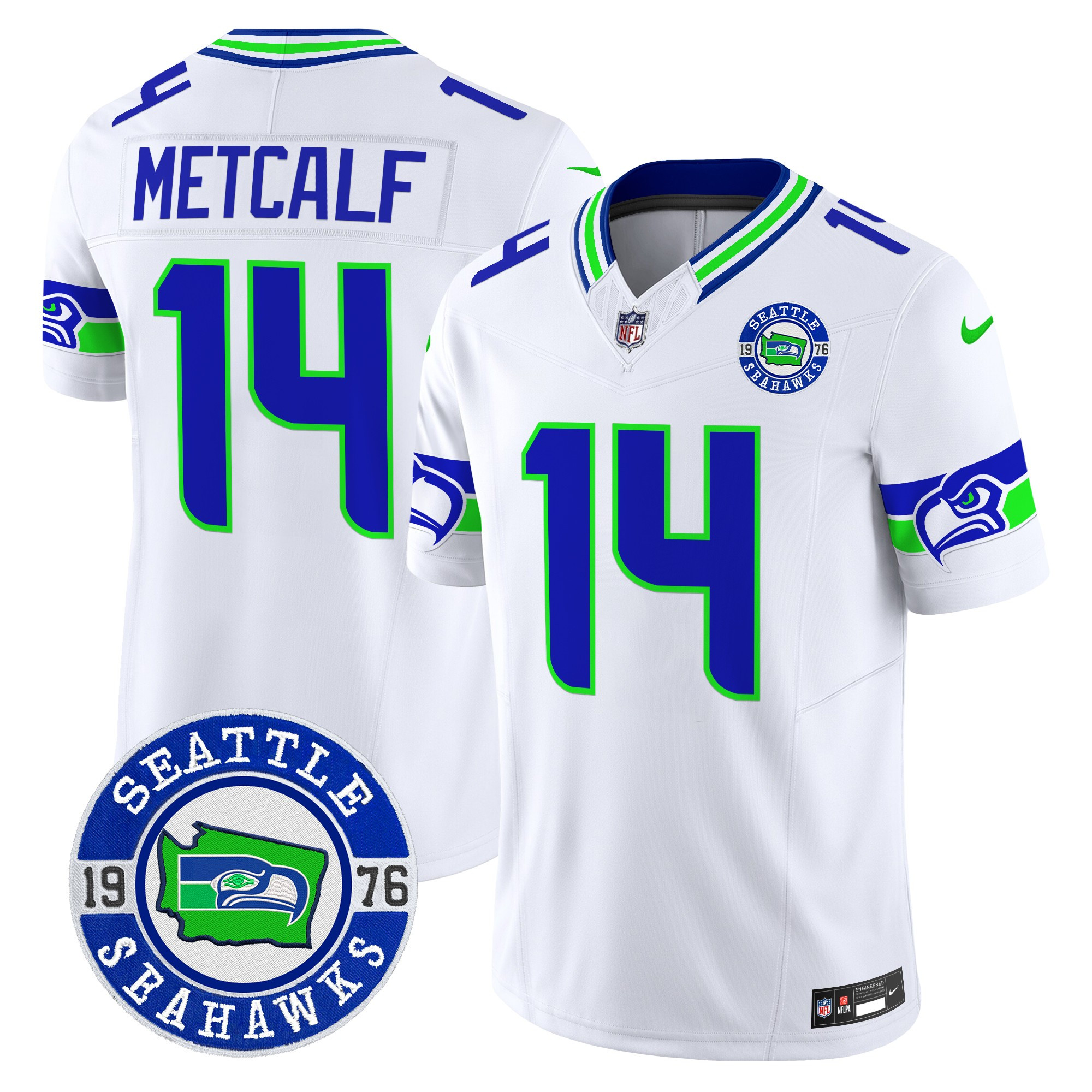 Men's Dk Metcalf Seattle Seahawks 2024 Seattle Est. 1976 Patch Vapor Limited White Jersey - All Stitched