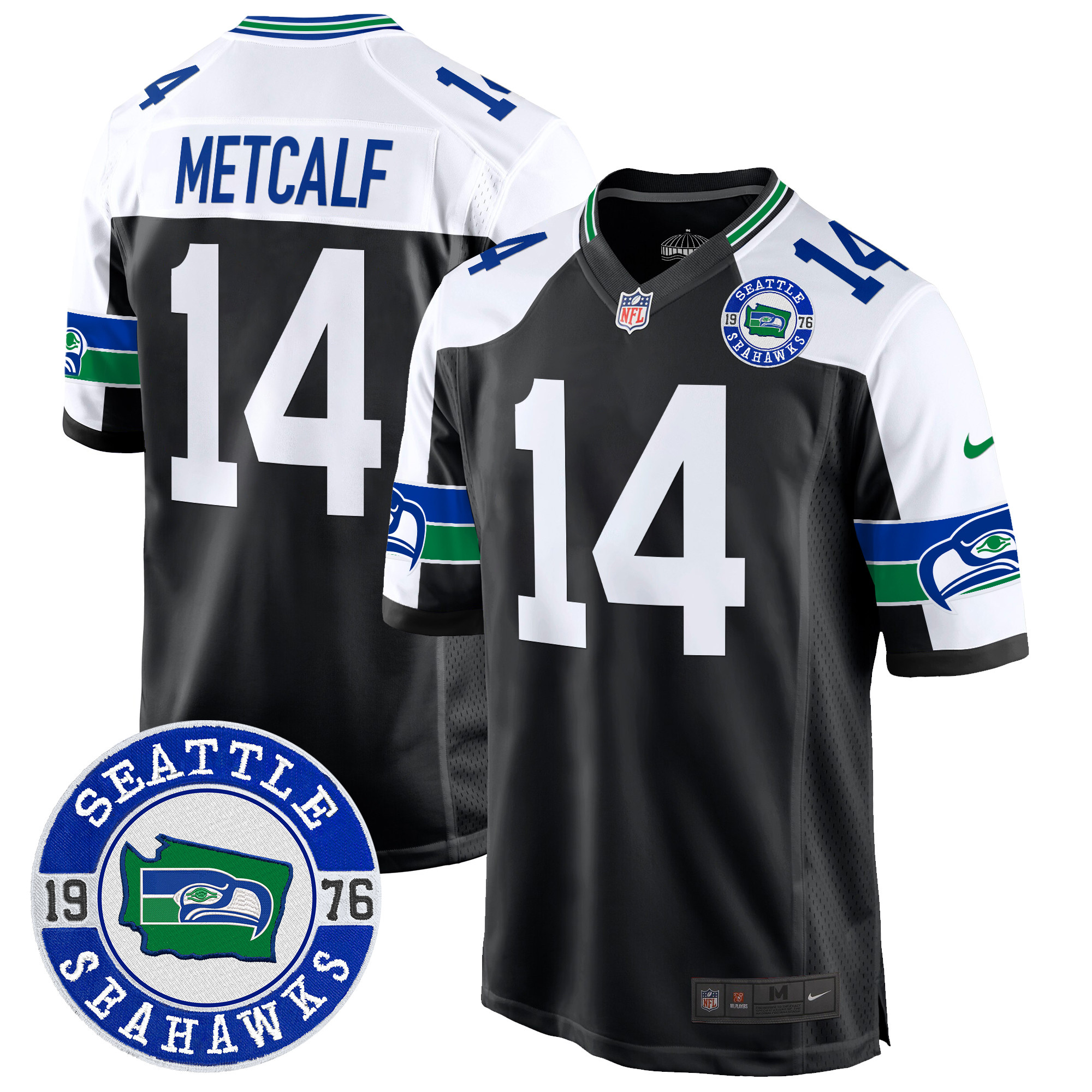 Men's DK Metcalf Seattle Seahawks Throwback Est. 1976 Patch Game Black Alternate Jersey - All Stitched