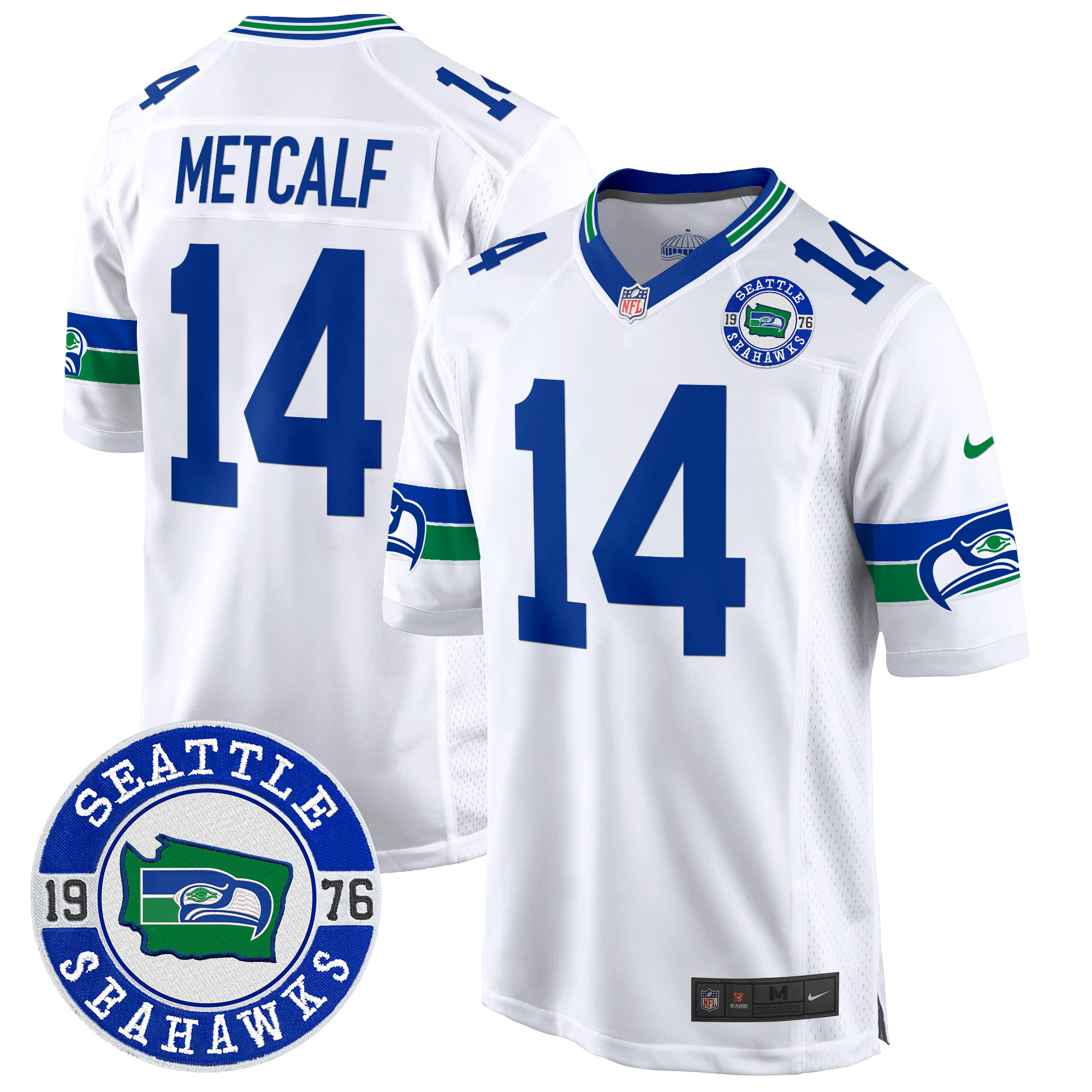 Men's DK Metcalf Seattle Seahawks Throwback Est. 1976 Patch Game White Jersey - All Stitched