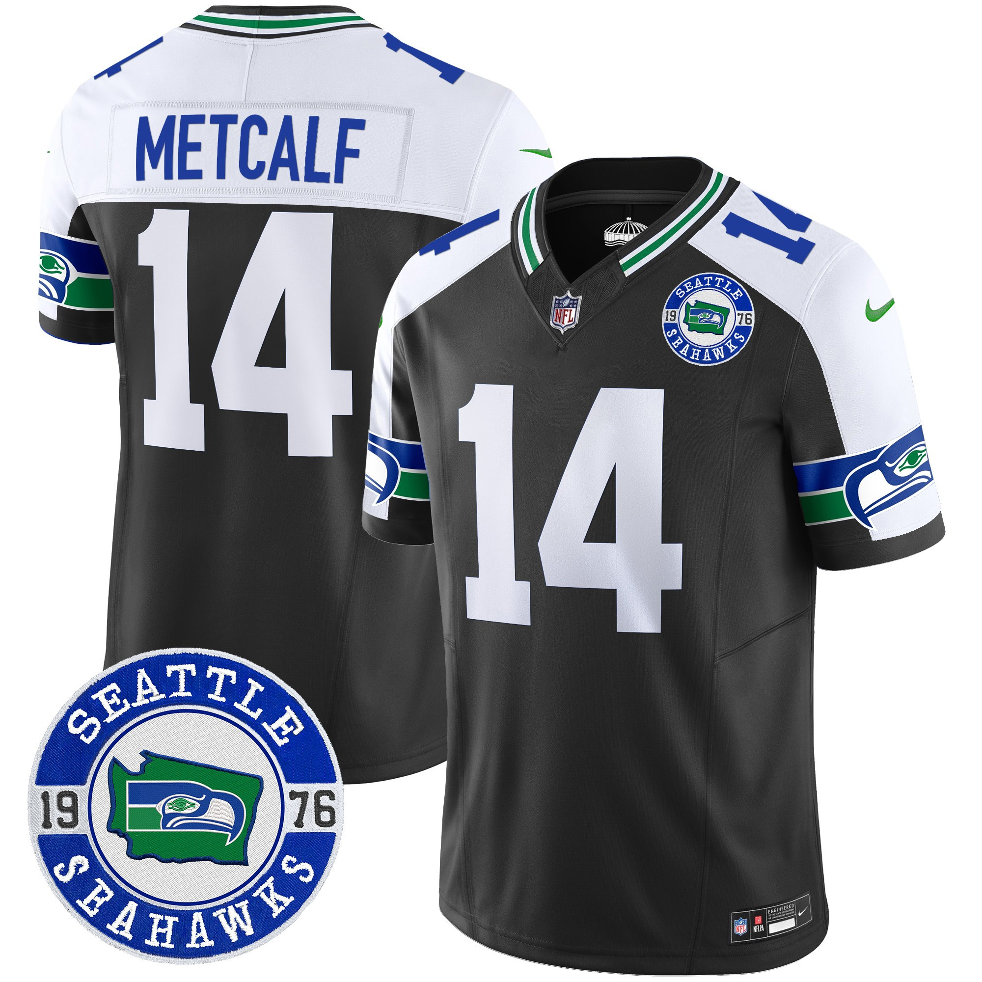 Men's DK Metcalf Seattle Seahawks Throwback Est. 1976 Patch Vapor Limited Black Alternate Jersey - All Stitched