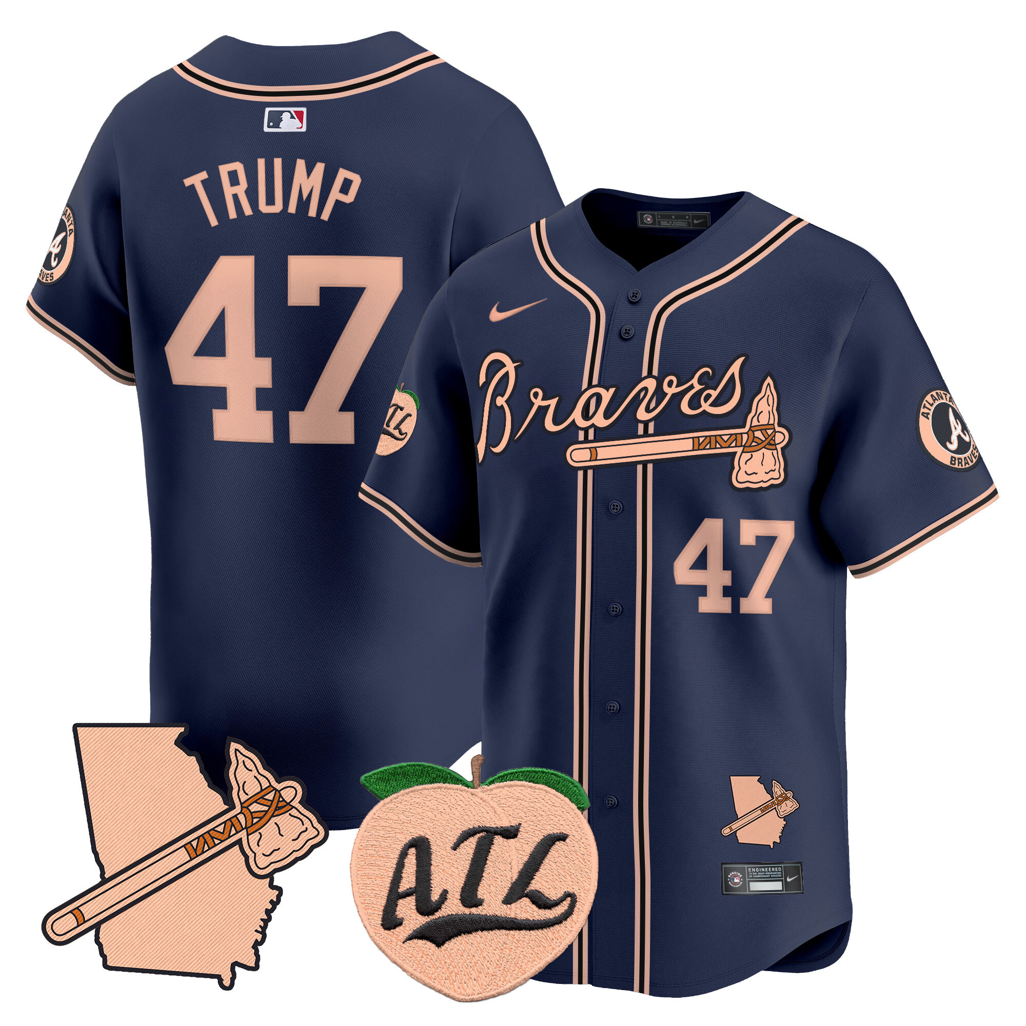 Men's Donald Trump Atlanta Braves Peach Vapor Premier Limited Navy Jersey - All Stitched