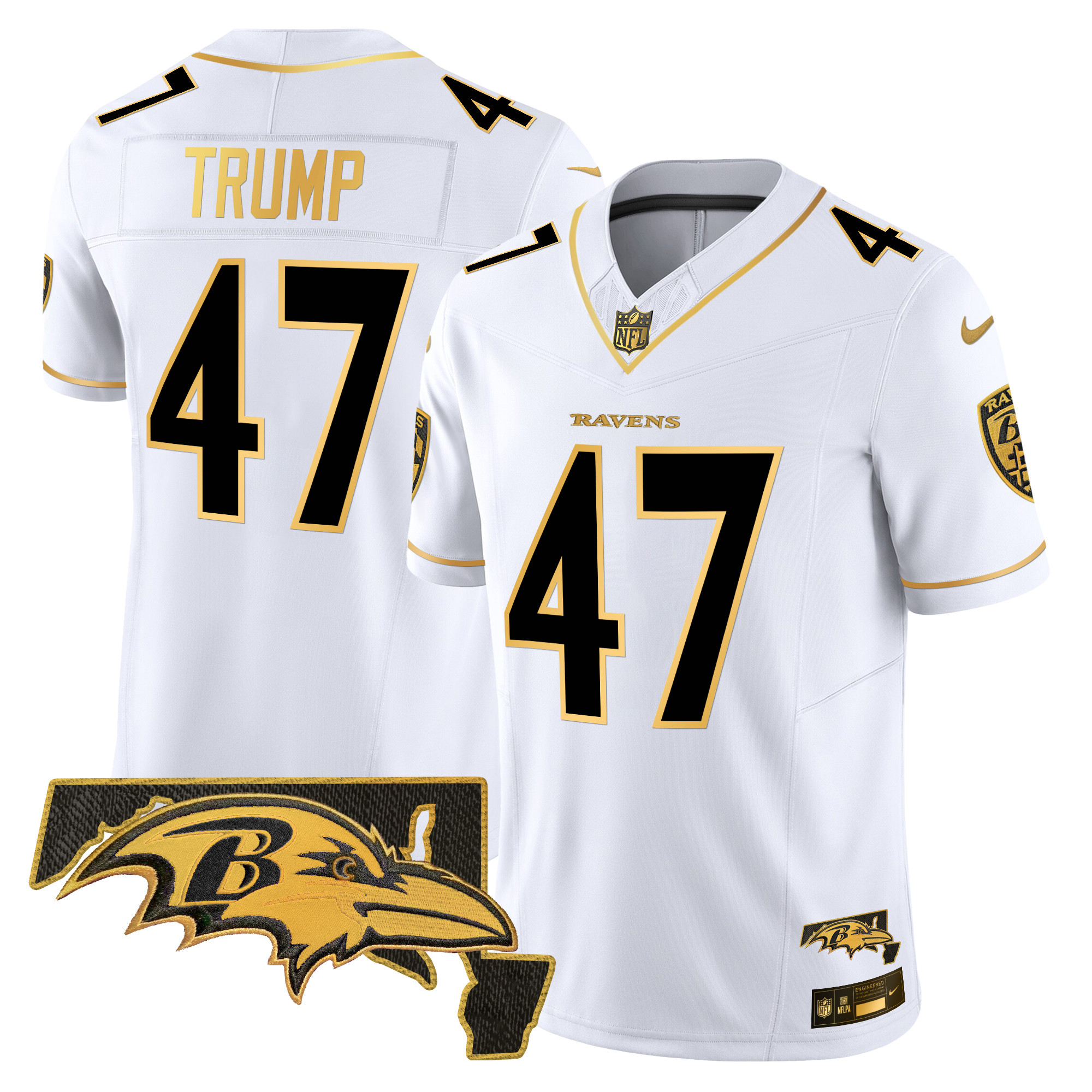Men's Donald Trump Baltimore Ravens 2024 Gold Vapor Limited White Gold Jersey - All Stitched