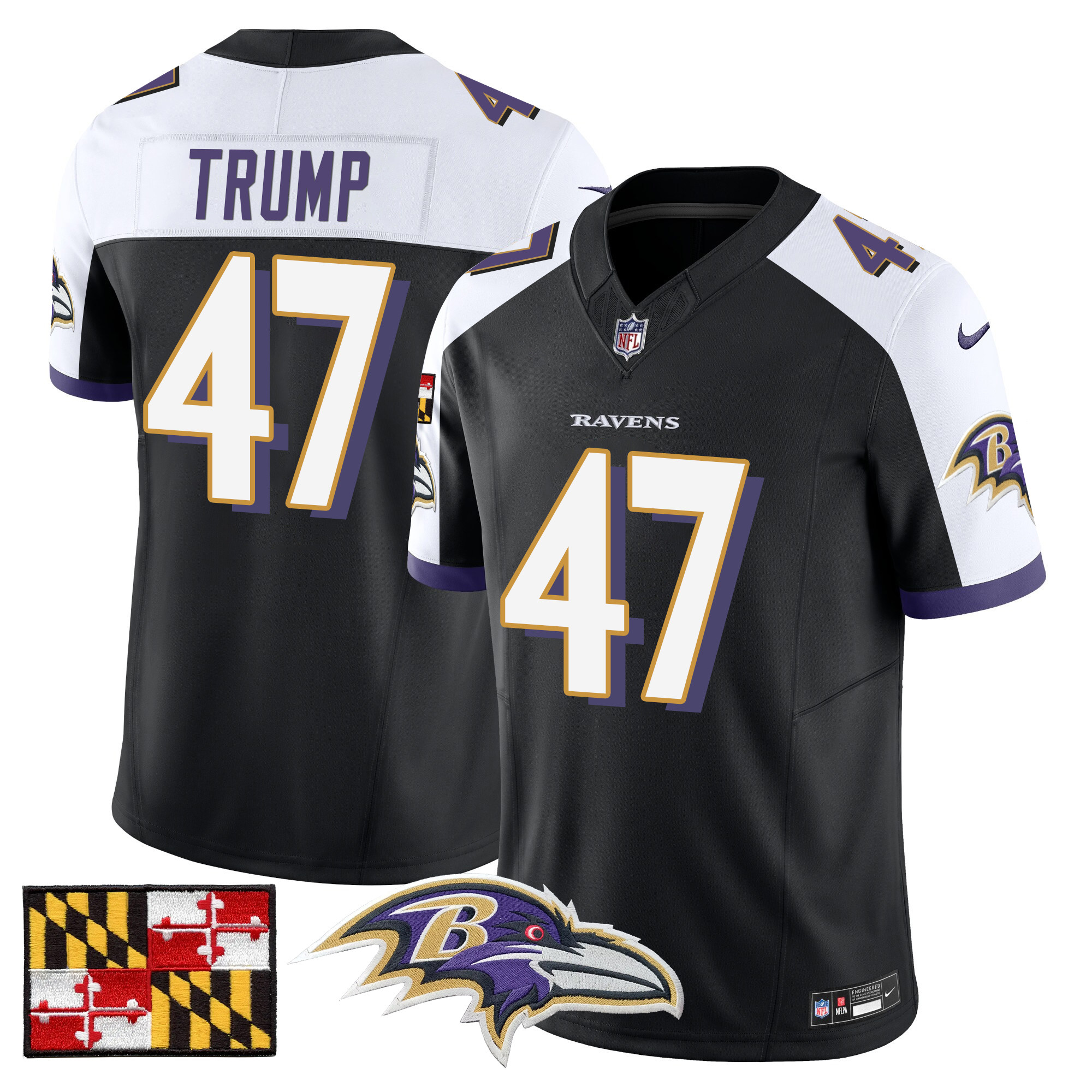 Men's Donald Trump Baltimore Ravens 2024 Maryland Flag Vapor Limited Black Alternate Jersey - All Stitched