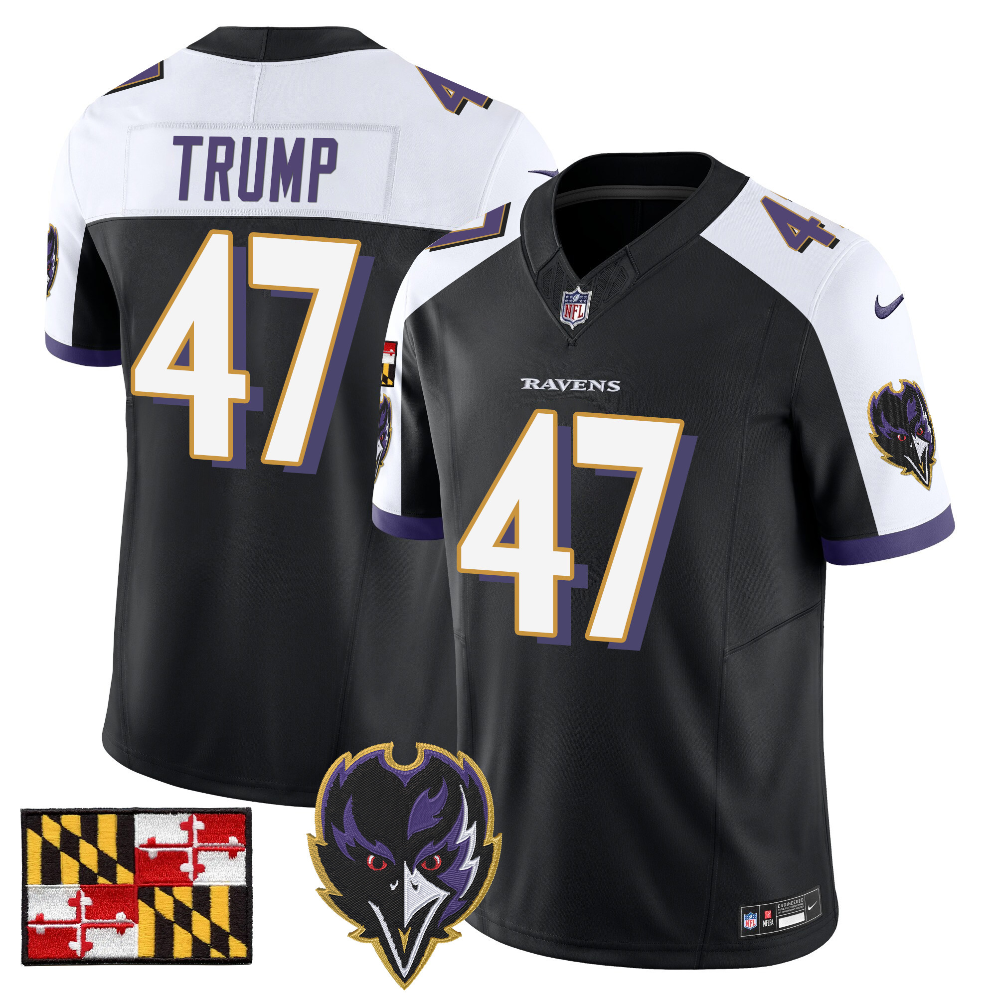 Men's Donald Trump Baltimore Ravens 2024 Maryland Flag Vapor Limited Black Alternate Jersey - All Stitched